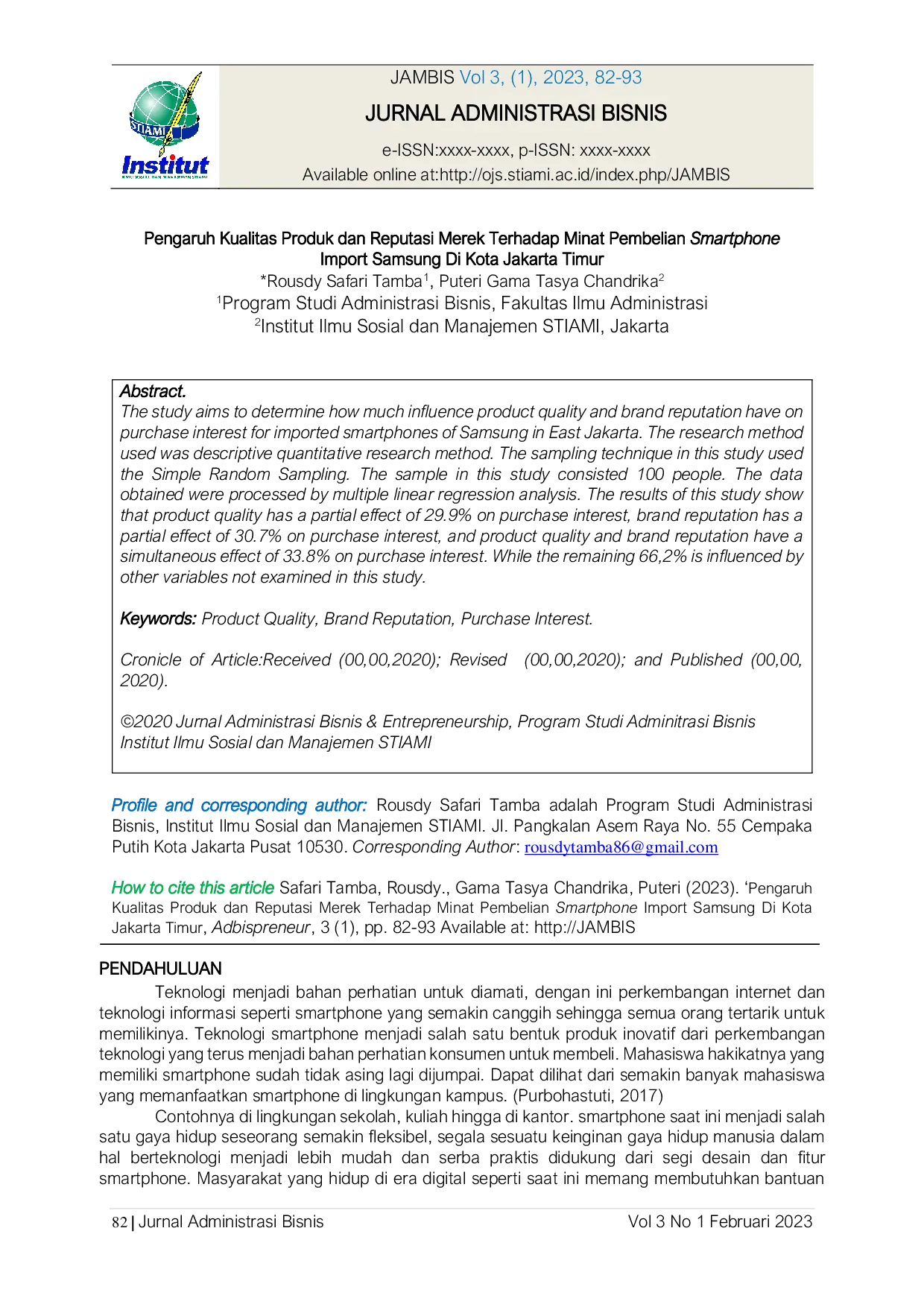 JURIS Pengaruh Kualitas Produk dan Reputasi Merek Terhadap Minat Pembelian Smartphone Import Samsung Di Kota Jakarta Timur