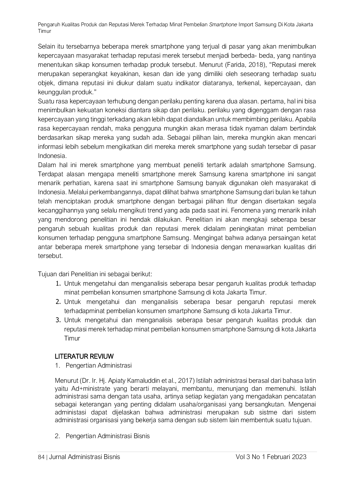 JURIS Pengaruh Kualitas Produk dan Reputasi Merek Terhadap Minat Pembelian Smartphone Import Samsung Di Kota Jakarta Timur