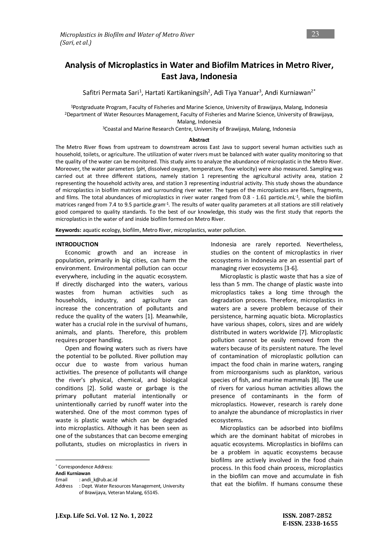 JURIS Analysis of Microplastics in Water and Biofilm Matrices in Metro River East Java Indonesia