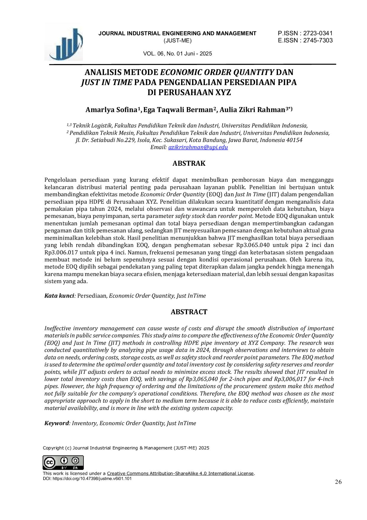 JURIS Analisis Metode Economic Order Quantity dan Just In Time Pada Pengendalian Persediaan Pipa di Perusahaan XYZ