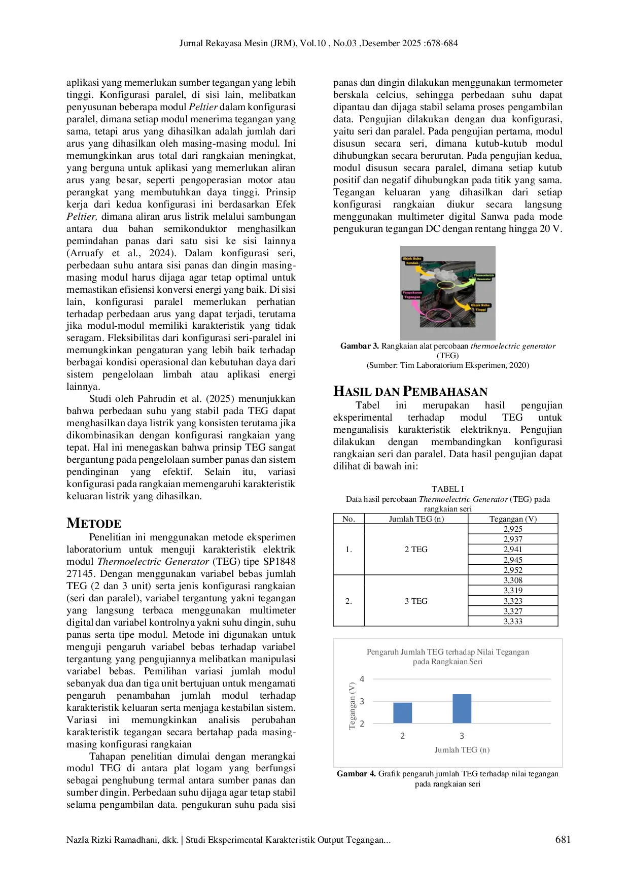 JURIS Studi Eksperimental Karakteristik Output Tegangan pada Variasi Susunan Seri Paralel Modul Thermoelectric Generator TEG