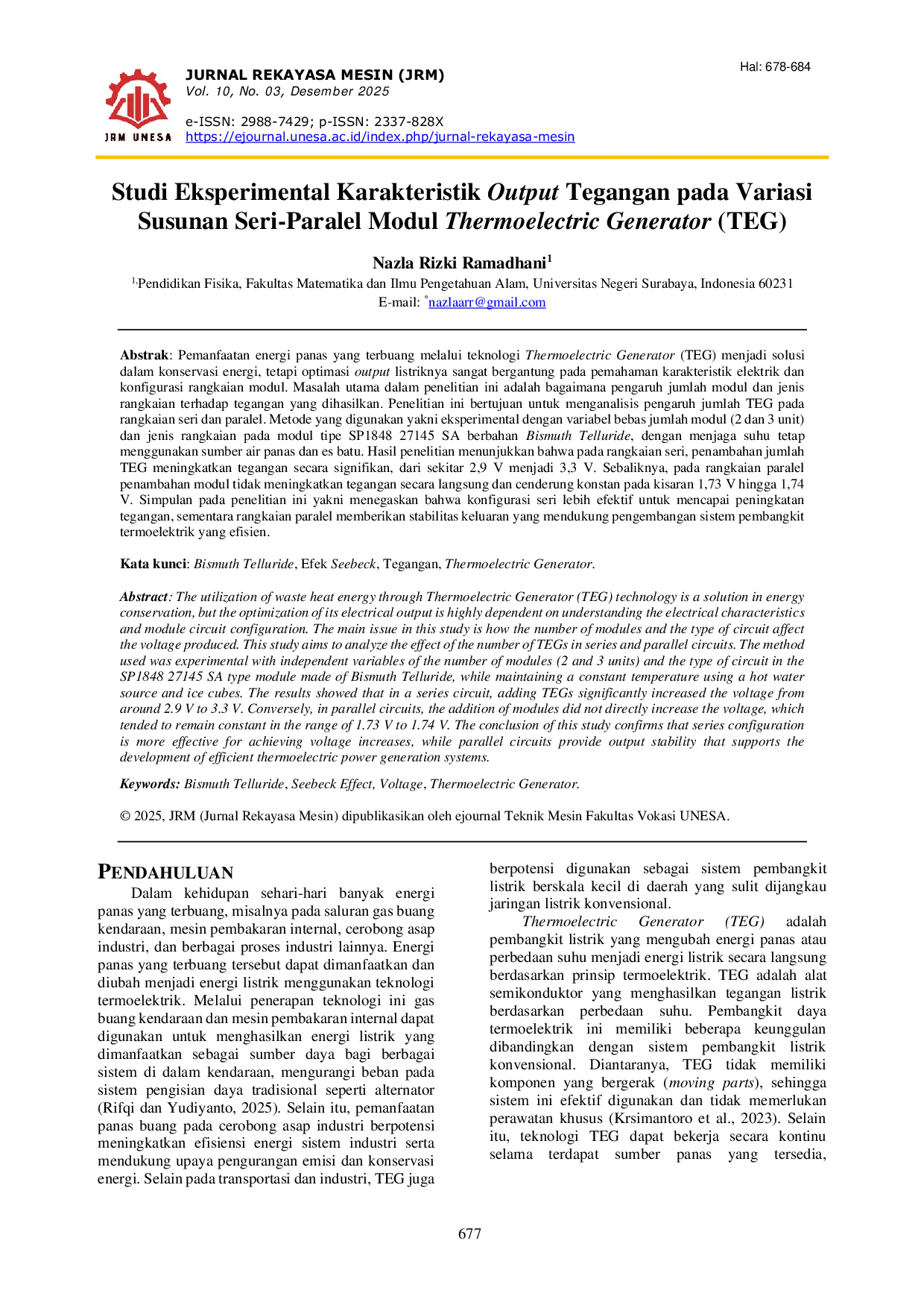 JURIS Studi Eksperimental Karakteristik Output Tegangan pada Variasi Susunan Seri Paralel Modul Thermoelectric Generator TEG