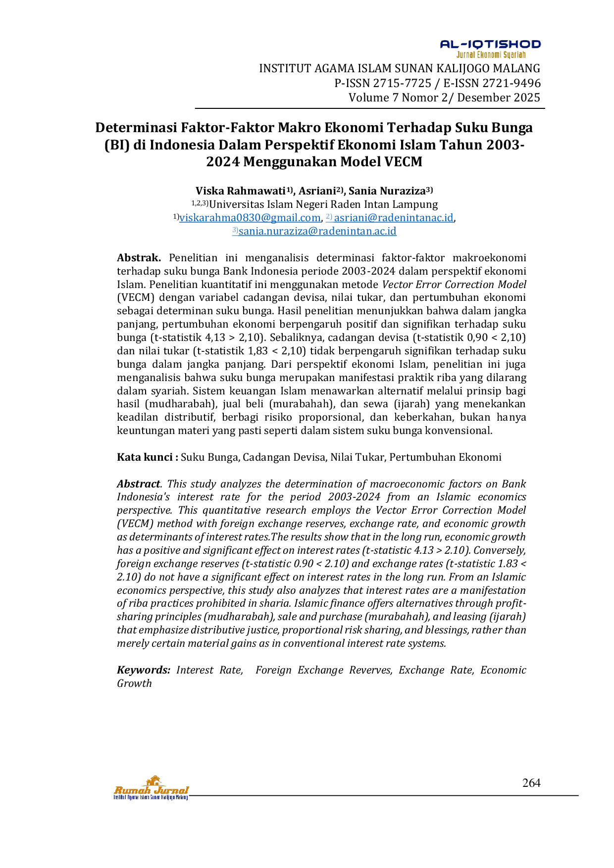 JURIS Determinasi Faktor Faktor Makro Ekonomi Terhadap Suku Bunga BI di Indonesia Dalam Perspektif Ekonomi Islam Tahun 2003 2024 Menggunakan Model VECM