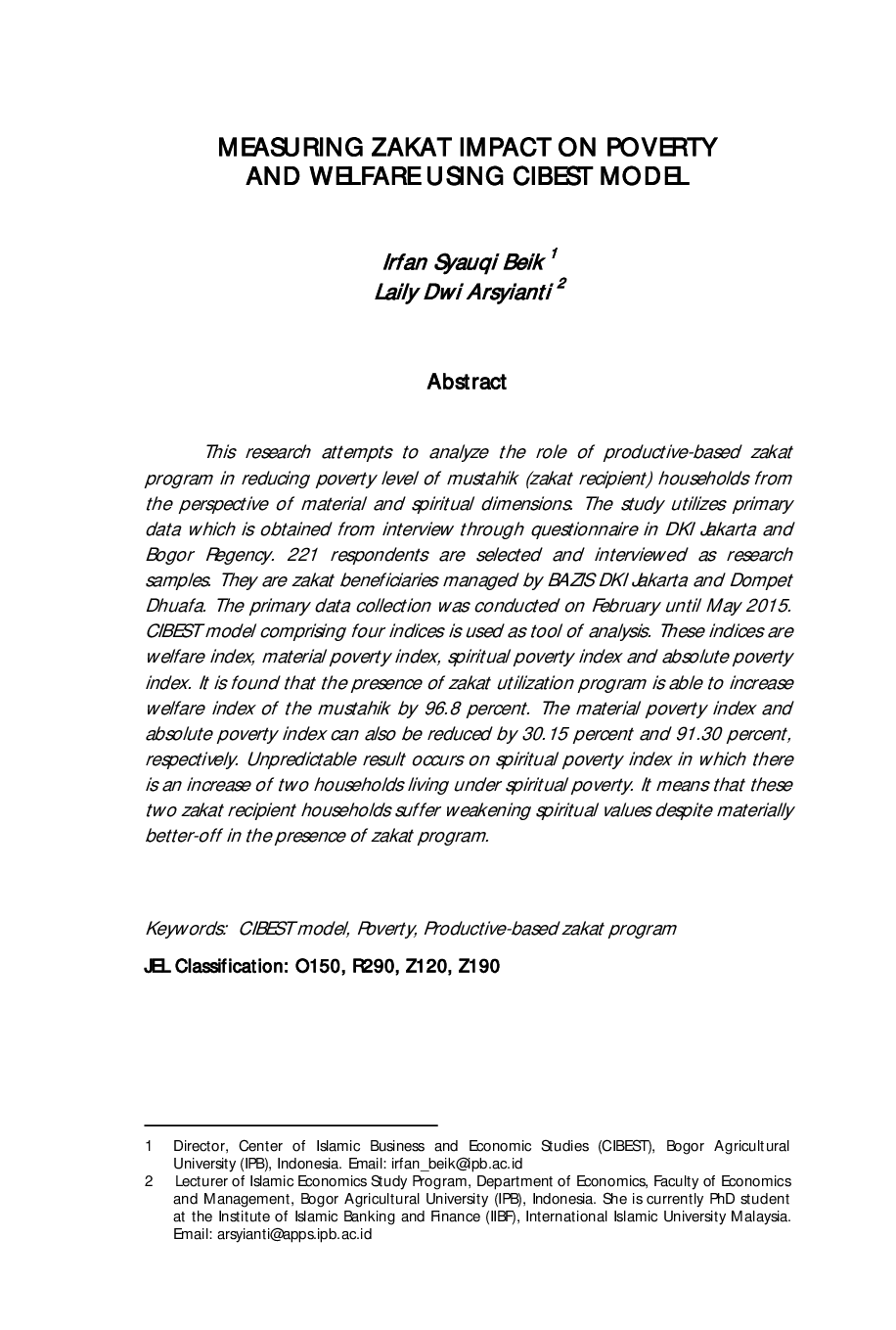 JURIS Measuring Zakat Impact on Poverty and Welfare Using CIBEST Model
