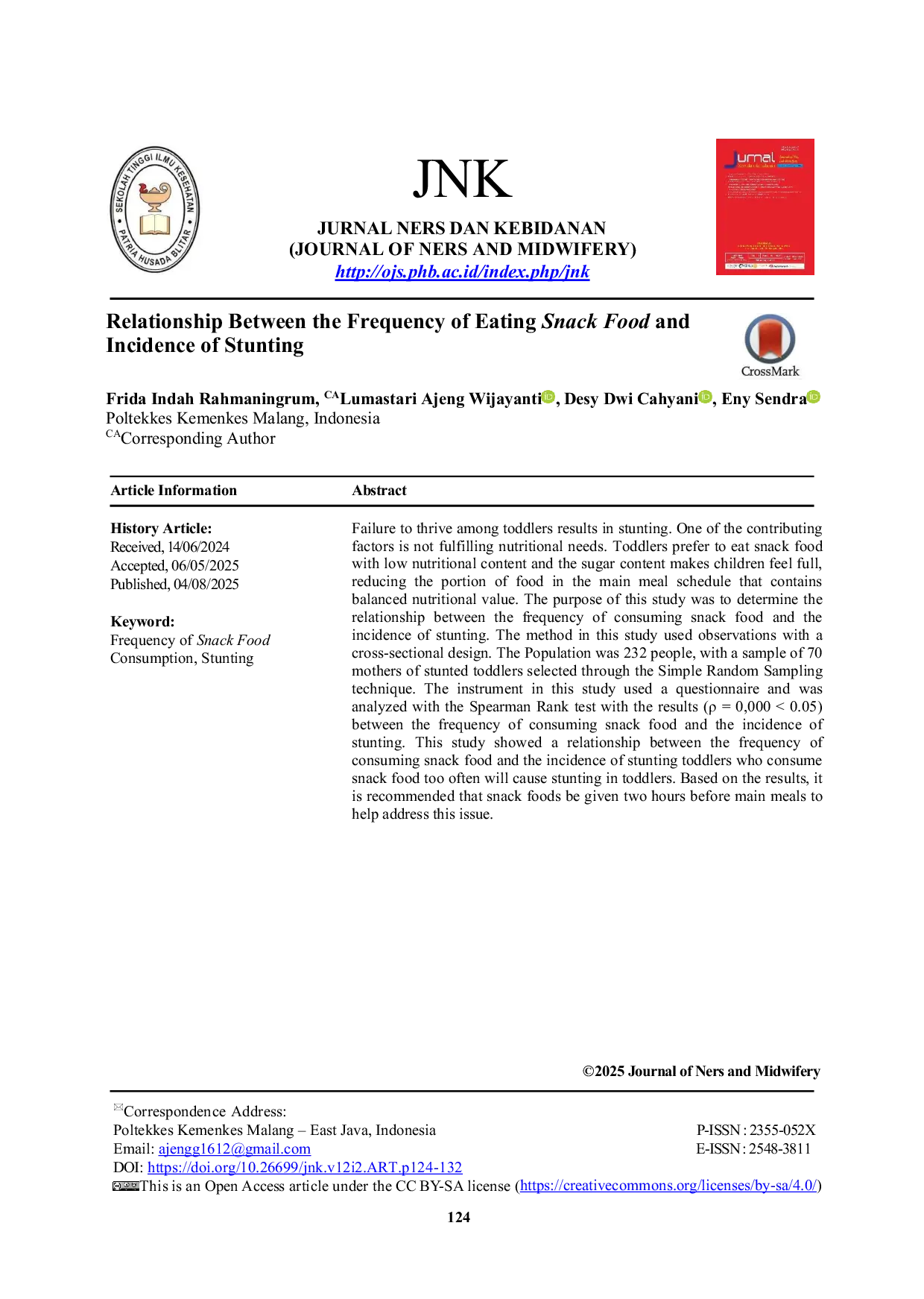 JURIS Relationship Between the Frequency of Eating Snack Food and Incidence of Stunting