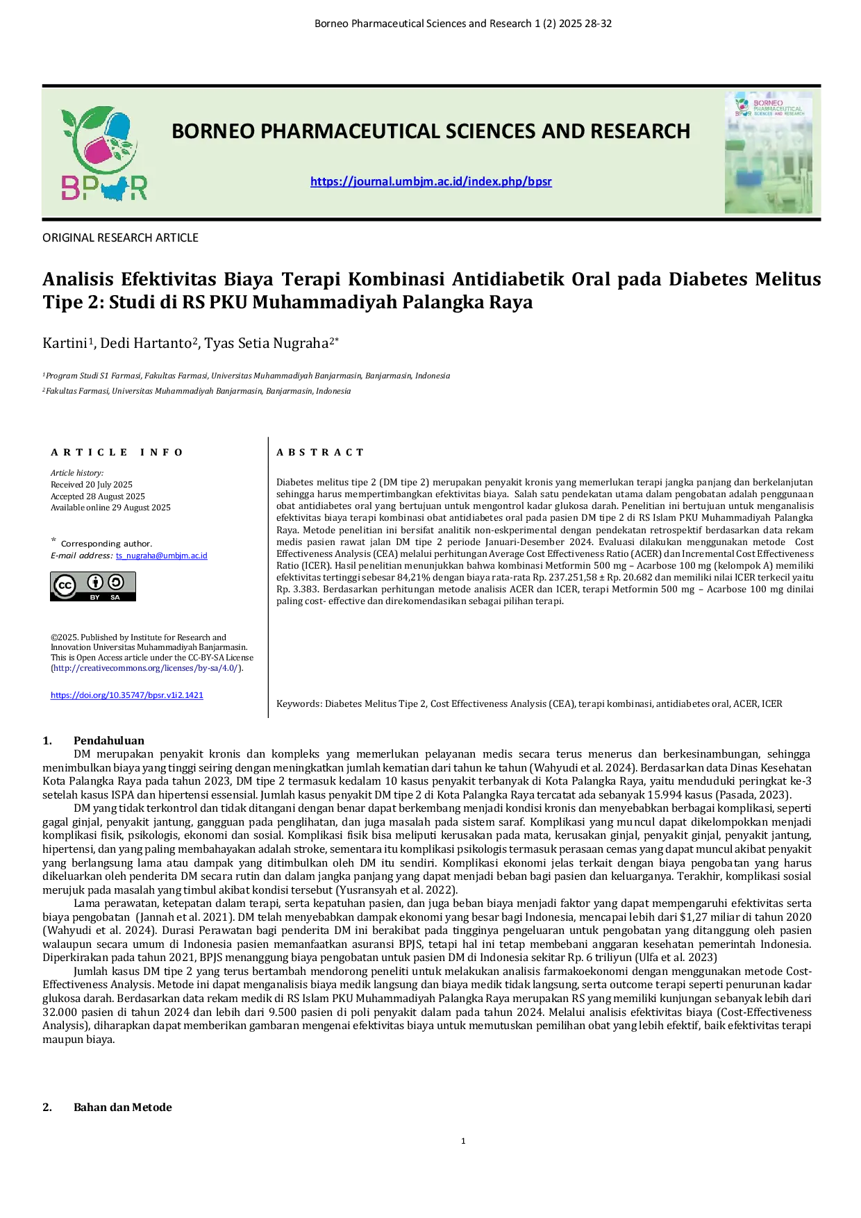 JURIS Analisis Efektivitas Biaya Terapi Kombinasi Antidiabetik Oral pada Diabetes Melitus Tipe 2 Studi di RS PKU Muhammadiyah Palangka Raya