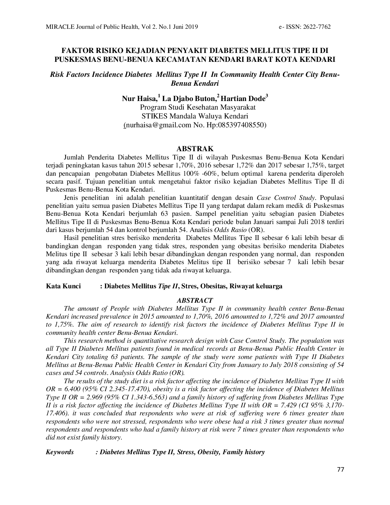 JURIS Faktor Risiko Kejadian Penyakit Diabetes Mellitus Tipe II Di Puskesmas Benu Benua Kecamatan Kendari Barat Kota Kendari