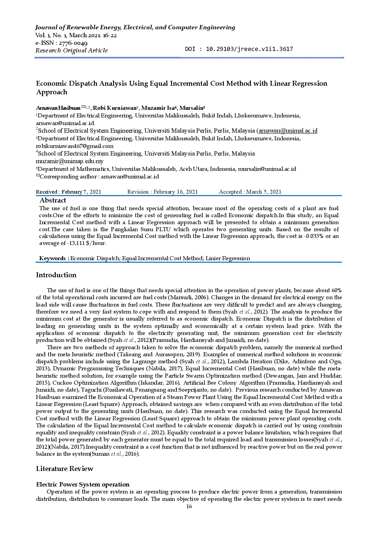 juris Economic Dispatch Analysis Using Equal Incremental Cost Method with Linear Regression Approach