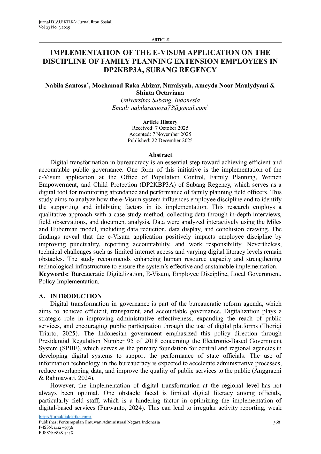 JURIS Implementation of the E Visum Application on the Discipline of Family Planning Extension Employees in Dp2kbp3a Subang Regency