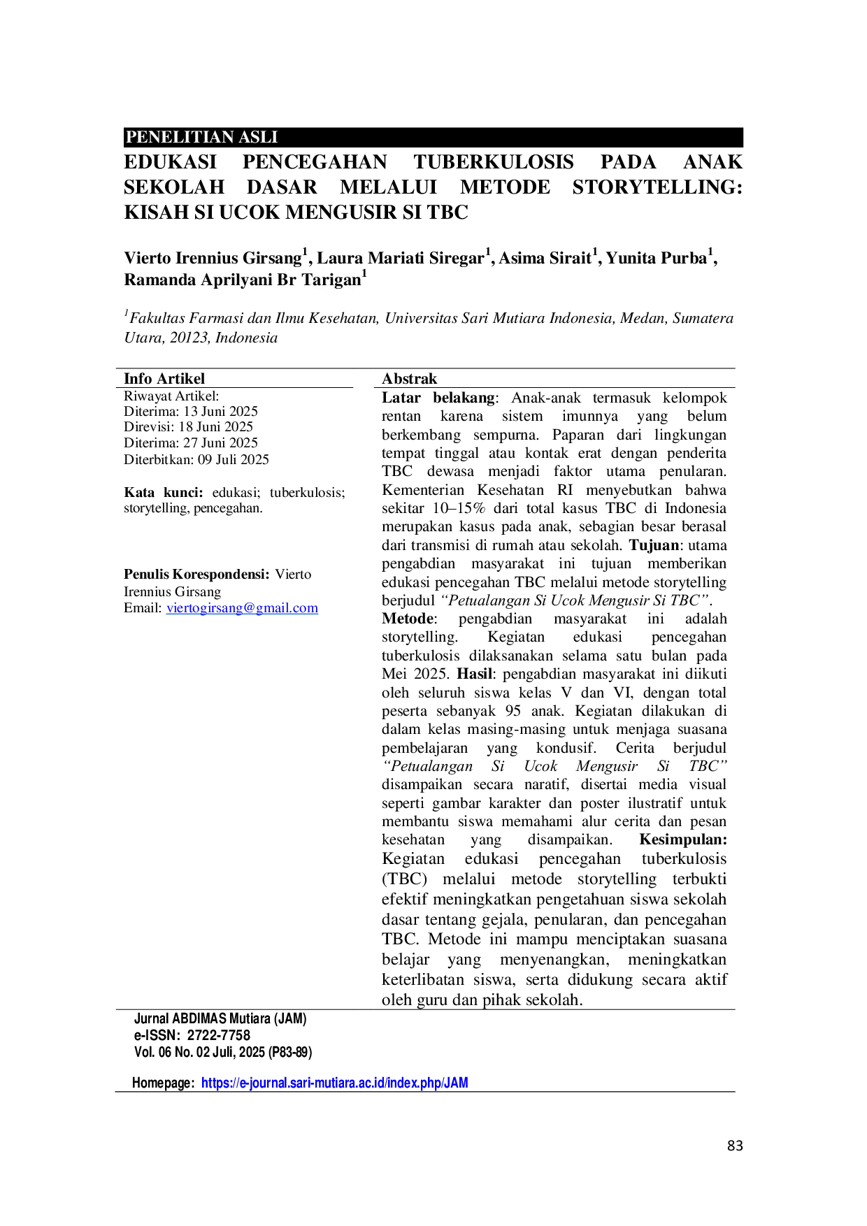 JURIS Edukasi Pencegahan Tuberkulosis Pada Anak Sekolah Dasar Melalui Metode Storytelling Kisah Si Ucok Mengusir Si Tbc