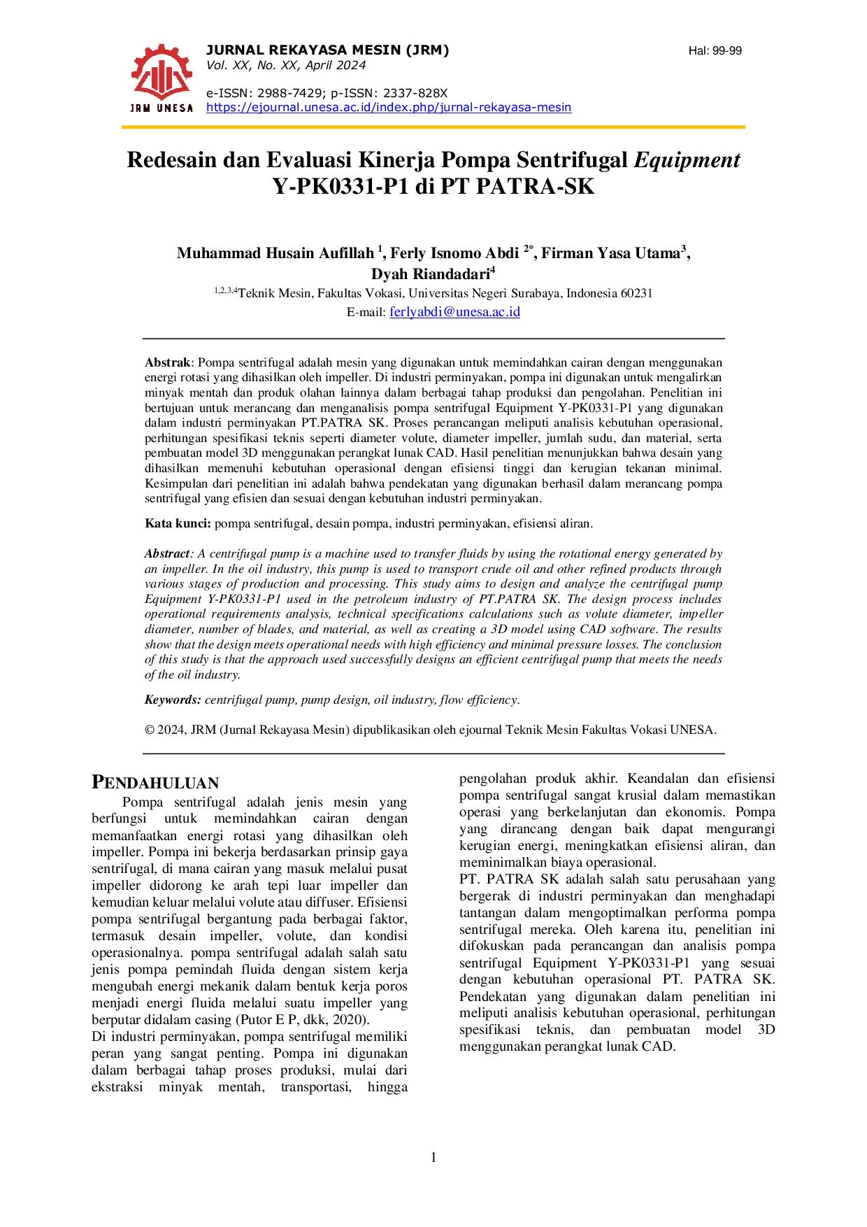 JURIS Redesain dan Evaluasi Kinerja Pompa Sentrifugal Equipment Y PK0331 P1 di PT PATRA SK