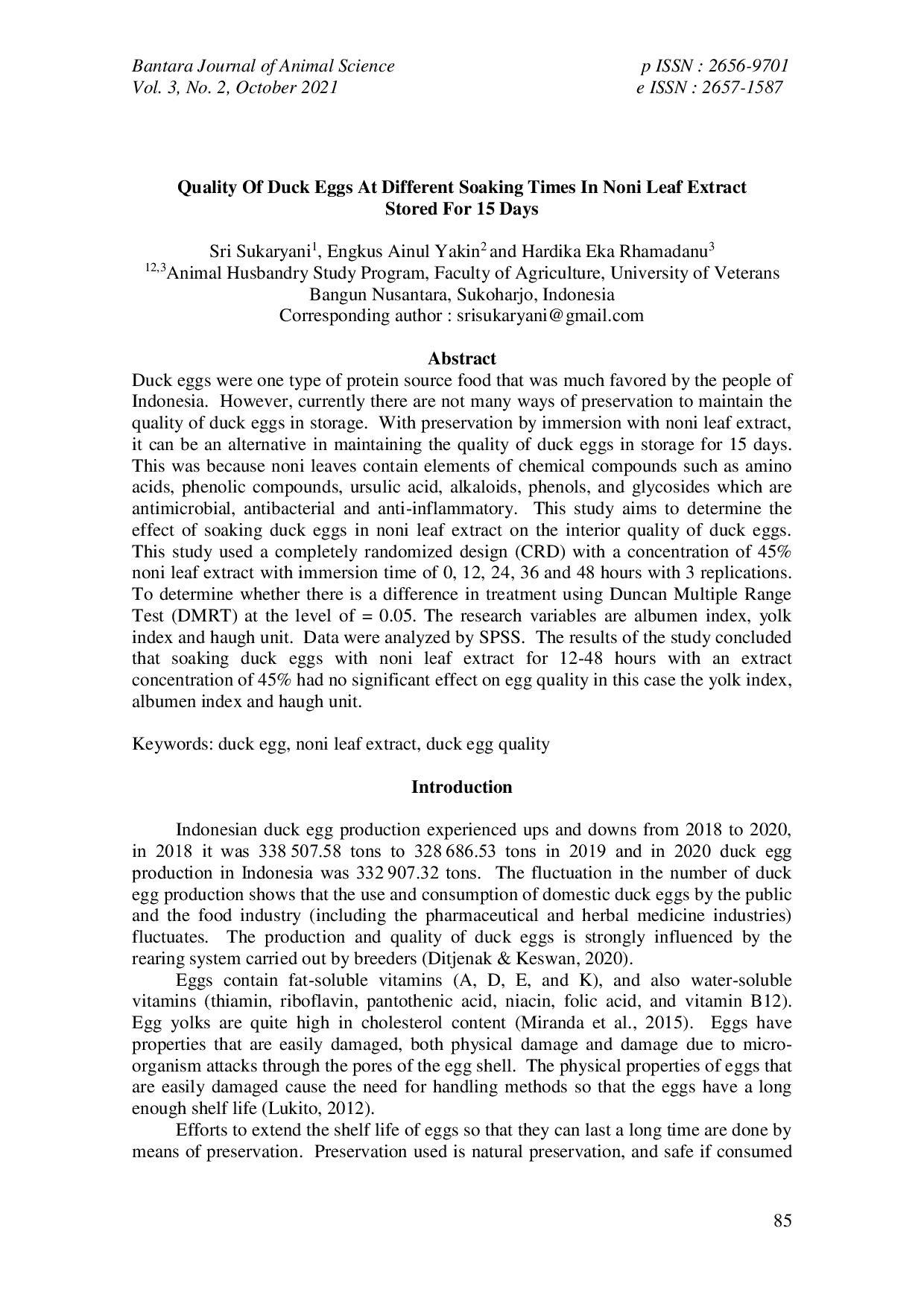 JURIS Quality Of Duck Eggs At Different Soaking Times In Noni Leaf Extract Stored For 15 Days