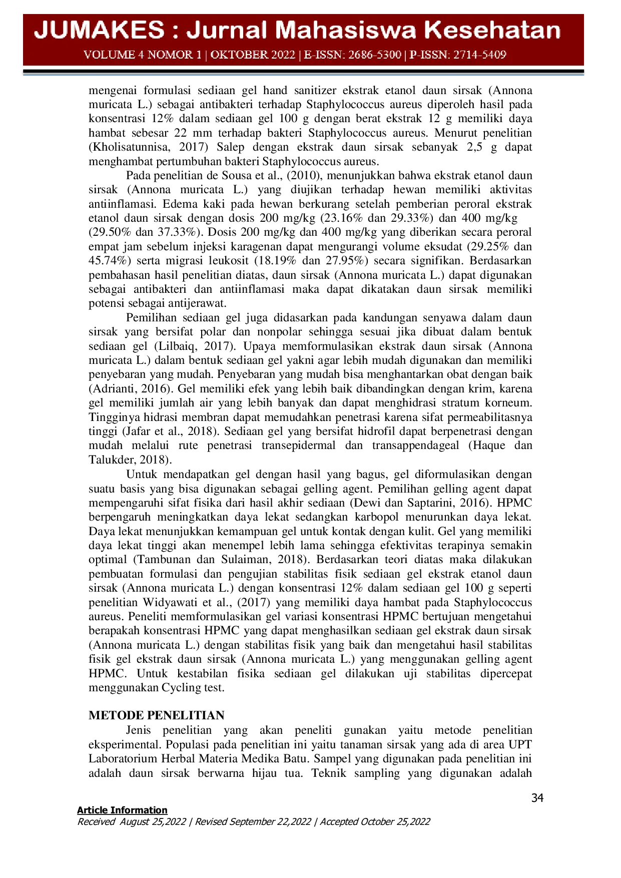 JURIS FORMULASI DAN UJI STABILITAS FISIK SEDIAAN GEL EKSTRAK ETANOL DAUN SIRSAK Annona muricata L MENGGUNAKAN VARIASI KONSENTRASI HPMC