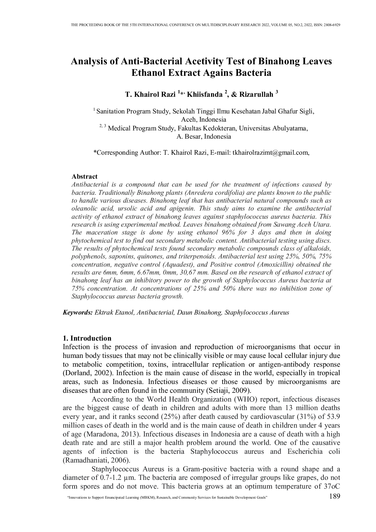 JURIS Analysis of Anti Bacterial Acetivity Test of Binahong Leaves Ethanol Extract Agains Bacteria