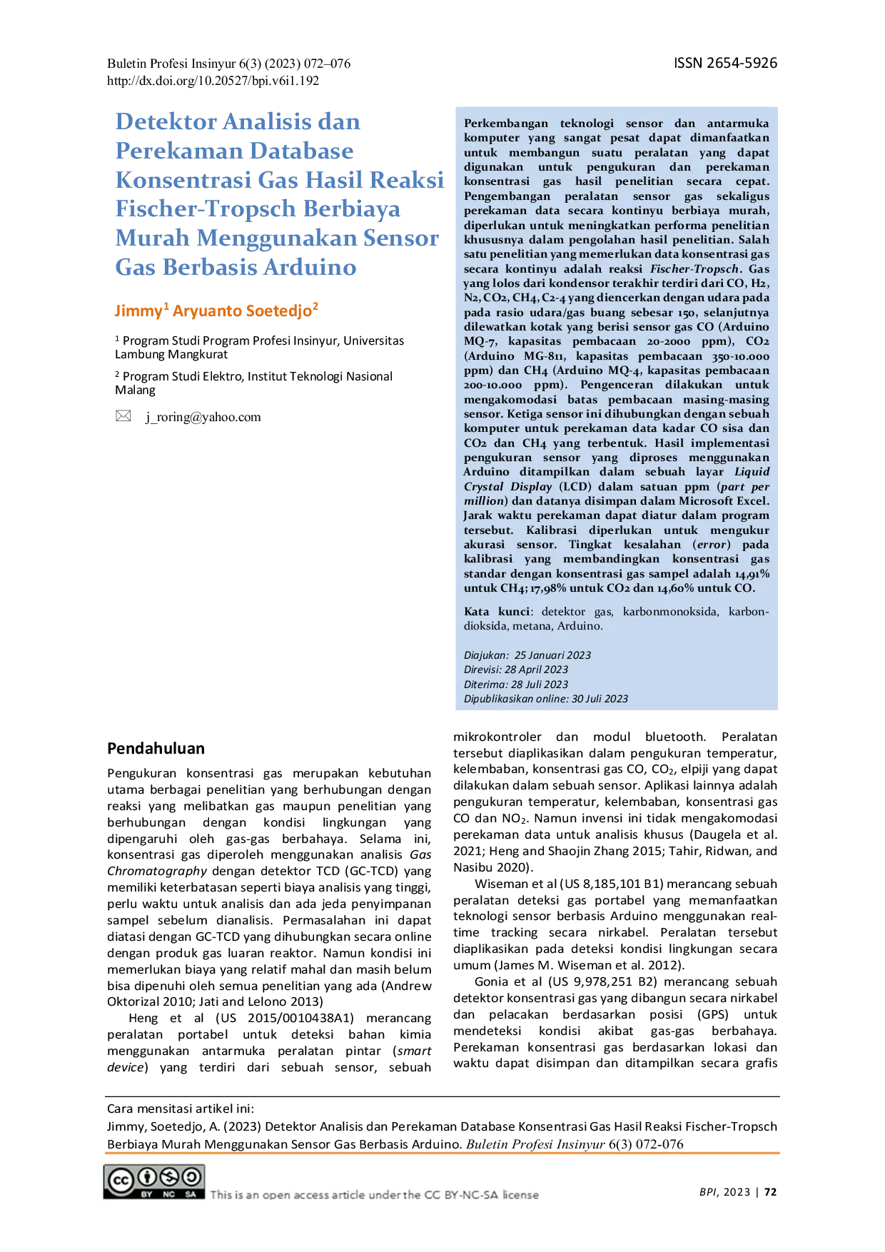 JURIS Detektor Analisis Dan Perekaman Database Konsentrasi Gas Hasil Reaksi Fischer Tropsch Berbiaya Murah Menggunakan Sensor Gas Berbasis Arduino