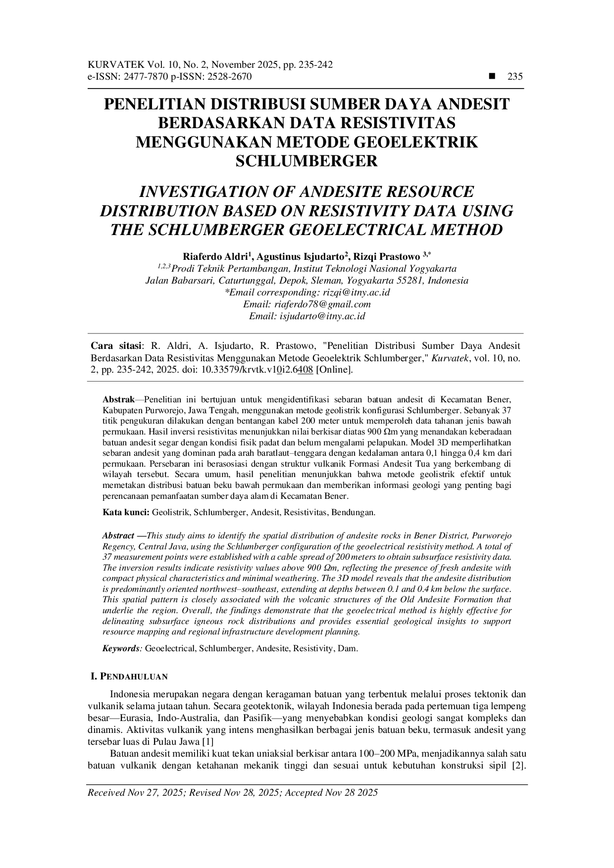 JURIS Penelitian Distribusi Sumber Daya Andesit Berdasarkan Data Resistivitas Menggunakan Metode Geoelektrik Schlumberger