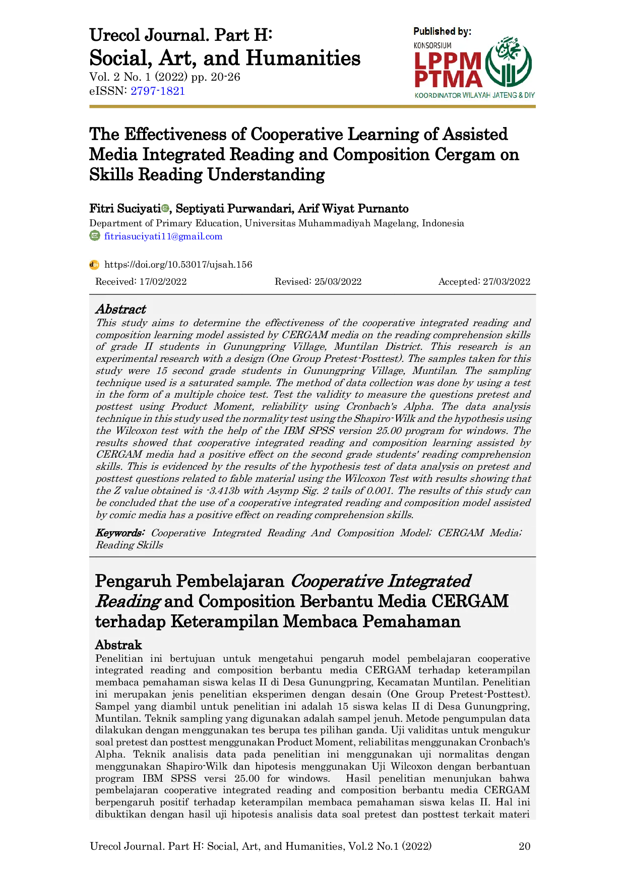 JURIS The Effectiveness of Cooperative Learning of Assisted Media Integrated Reading and Composition Cergam on Skills Reading Understanding