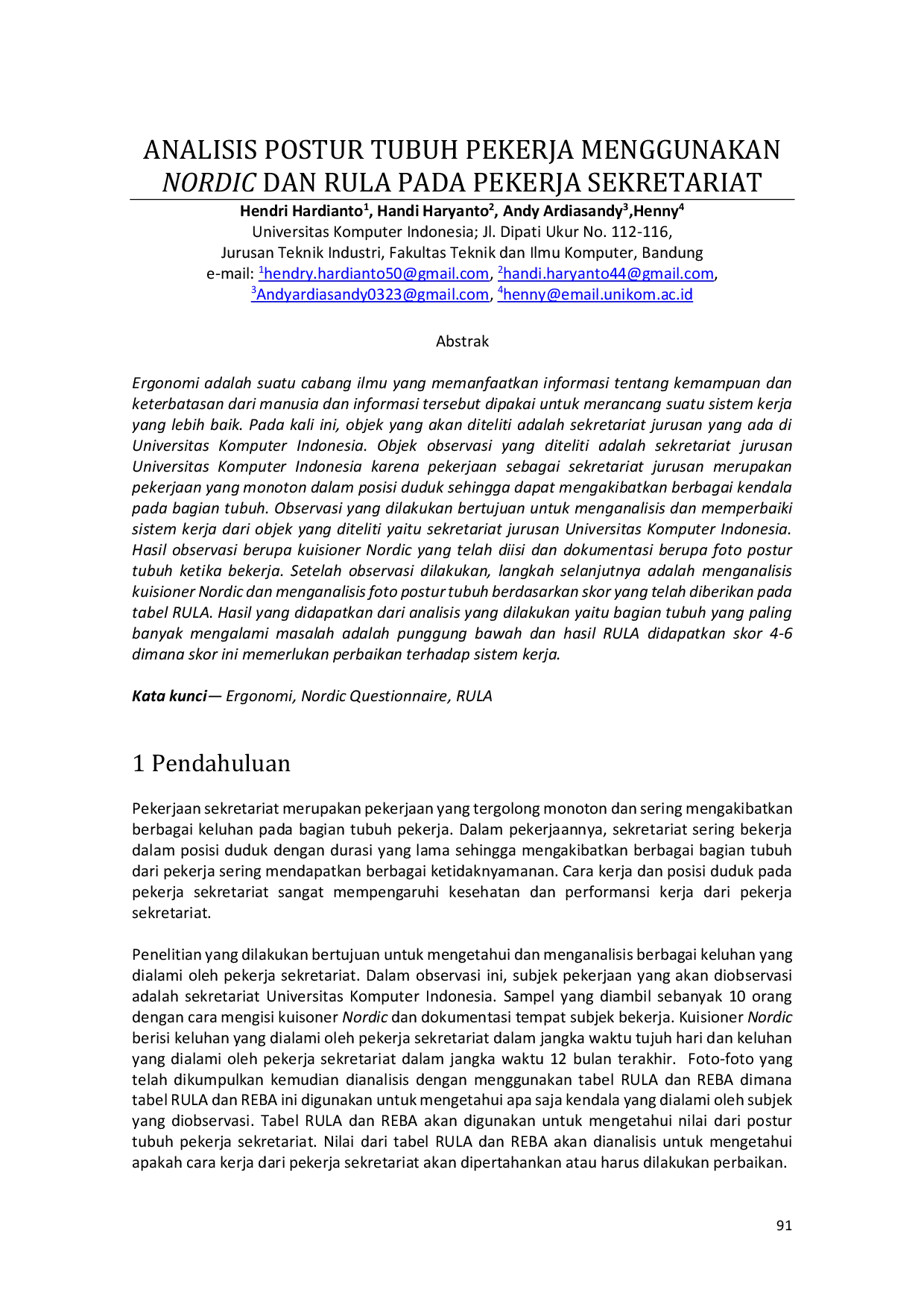 JURIS Analisis Postur Tubuh Pekerja Menggunakan Nordic Dan Rula Pada Pekerja Sekretariat