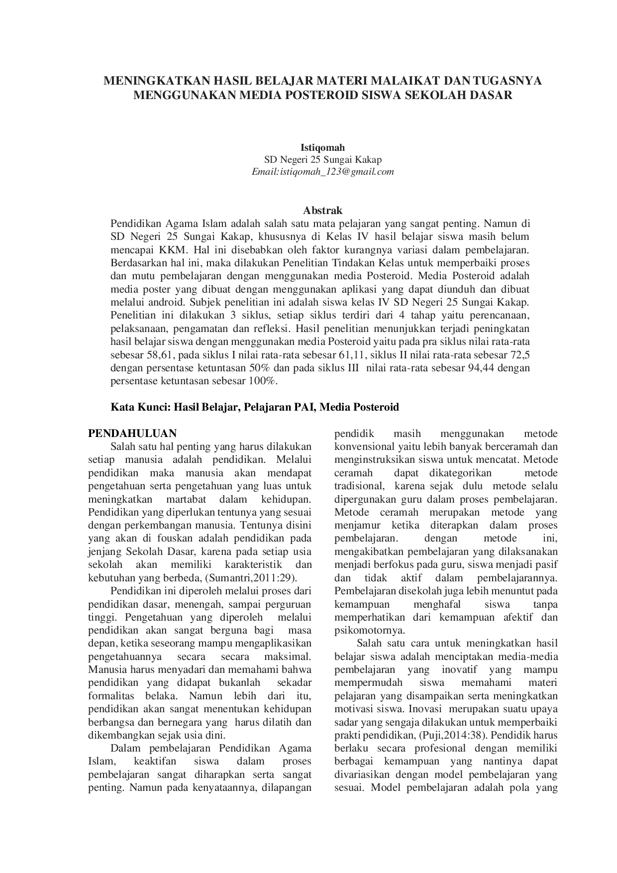 juris Meningkatkan Hasil Belajar Materi Malaikat Dan Tugasnya Menggunakan Media Posteroid Siswa Sekolah Dasar