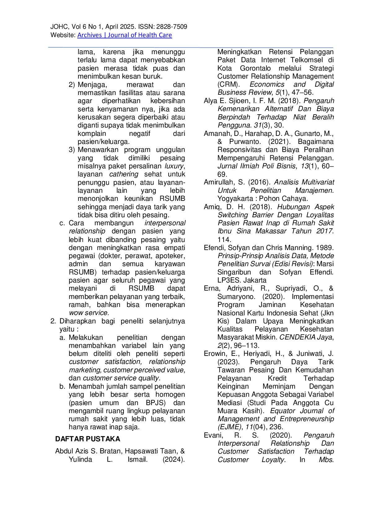 JURIS Pengaruh Switching Barriers Terhadap Customer Retention Di Rs Umum Muhammadiyah Babat