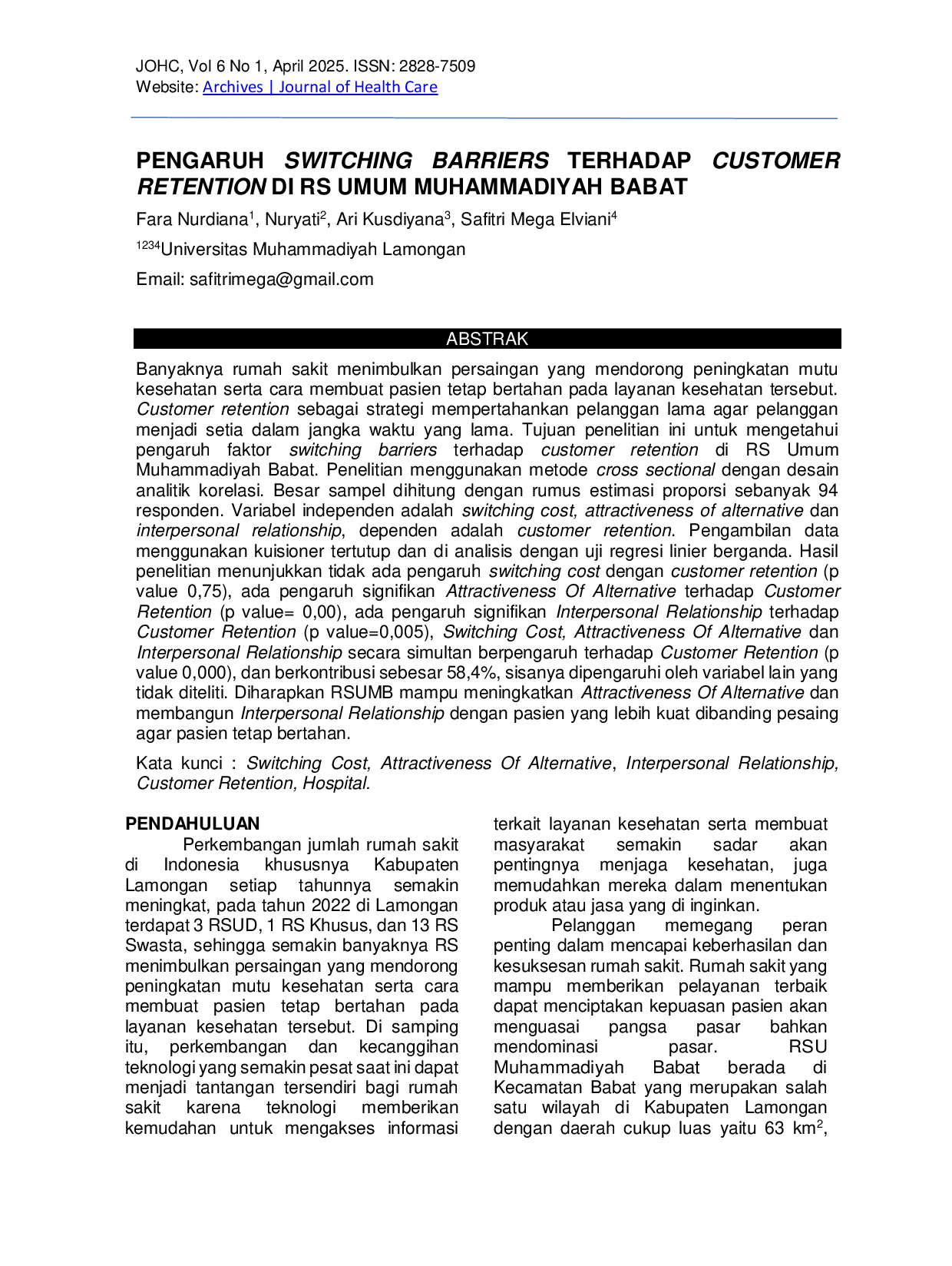 JURIS Pengaruh Switching Barriers Terhadap Customer Retention Di Rs Umum Muhammadiyah Babat