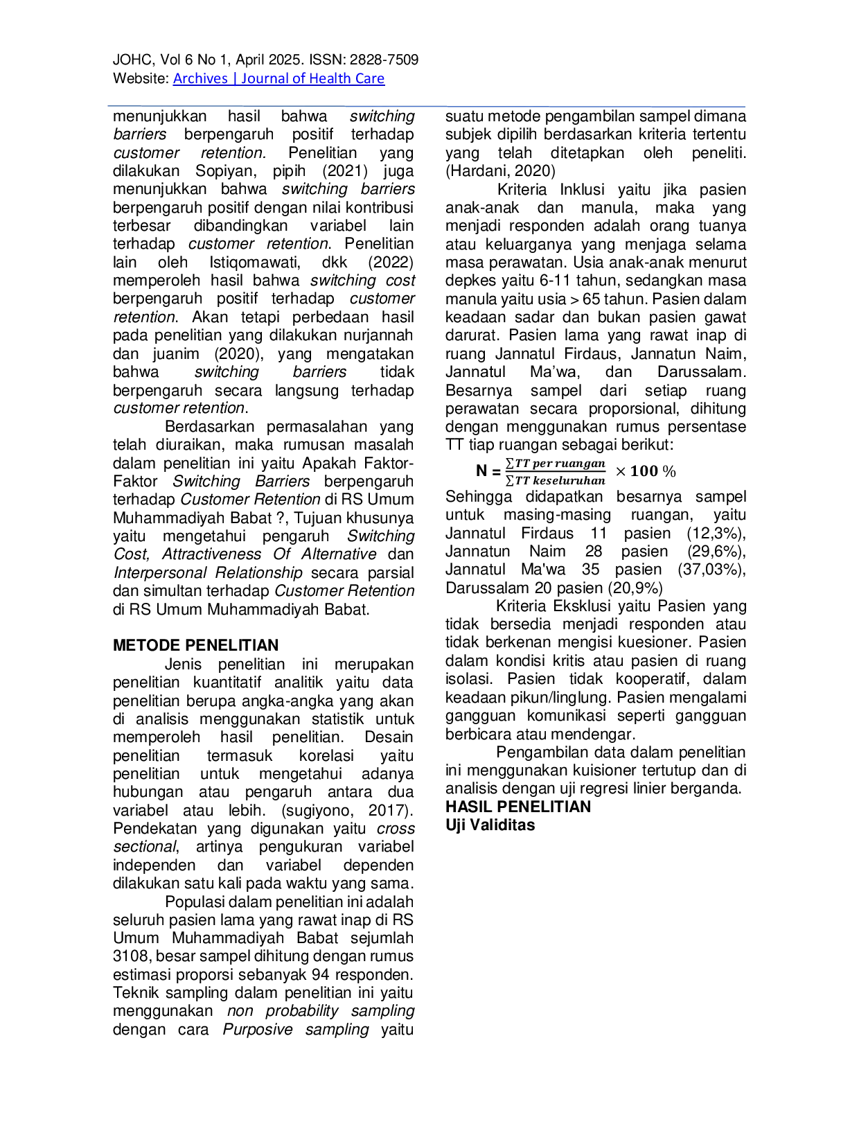 JURIS Pengaruh Switching Barriers Terhadap Customer Retention Di Rs Umum Muhammadiyah Babat