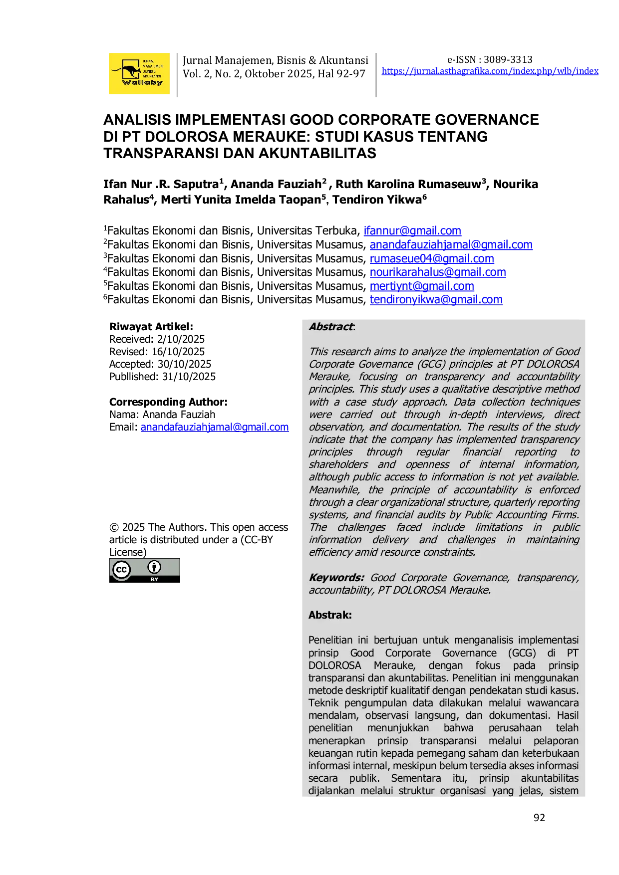 JURIS Analisis Implementasi Good Corporate Governance di PT Dolorosa Merauke Studi Kasus Tentang Transparansi dan Akuntabilitas