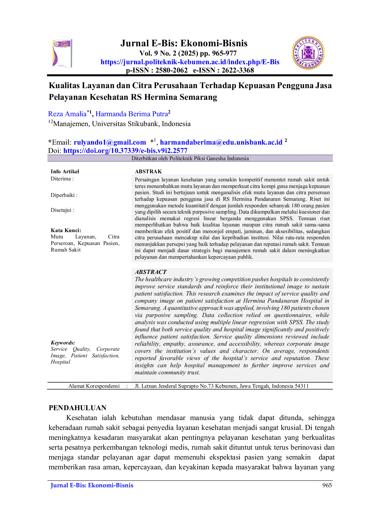 JURIS Kualitas Layanan Dan Citra Perusahaan Terhadap Kepuasan Pengguna Jasa Pelayanan Kesehatan Rs Hermina Semarang