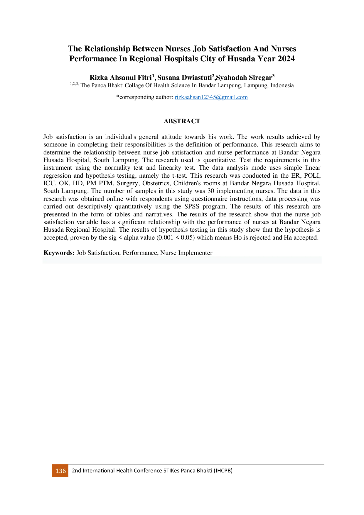 JURIS The Relationship Between Nurses Job Satisfaction And Nurses Performance In Regional Hospitals City of Husada Year 2024