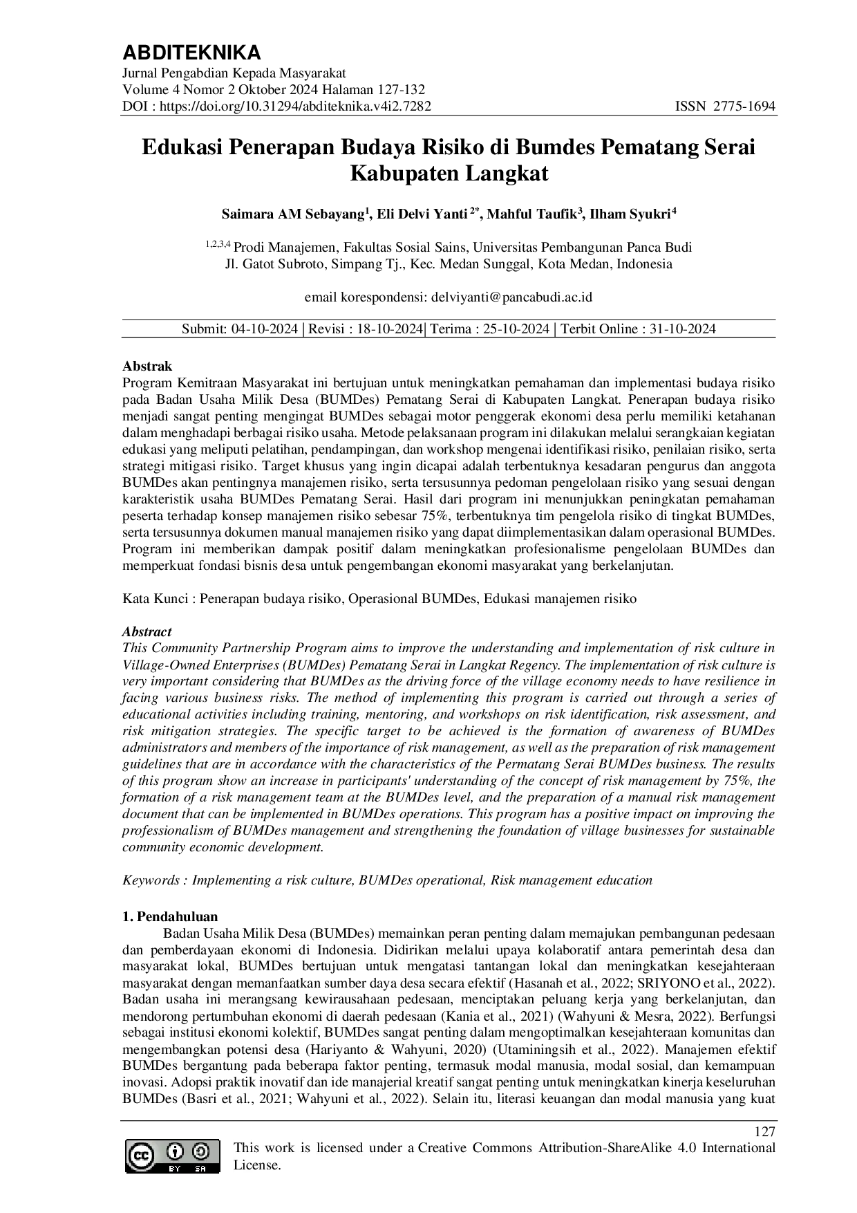 JURIS Edukasi Penerapan Budaya Risiko di Bumdes Pematang Serai Kabupaten Langkat