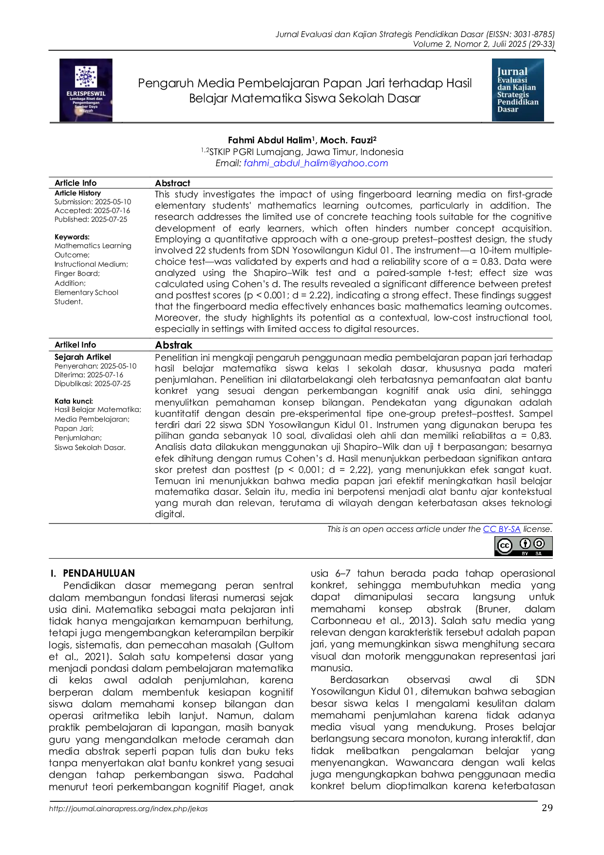 JURIS Pengaruh Media Pembelajaran Papan Jari terhadap Hasil Belajar Matematika Siswa Sekolah Dasar