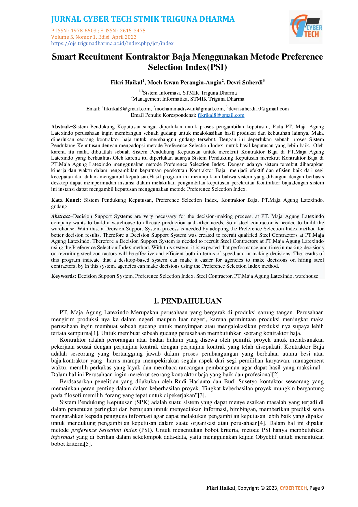 JURIS Smart Recuitment Kontraktor Baja Menggunakan Metode Preference Selection Index PSI