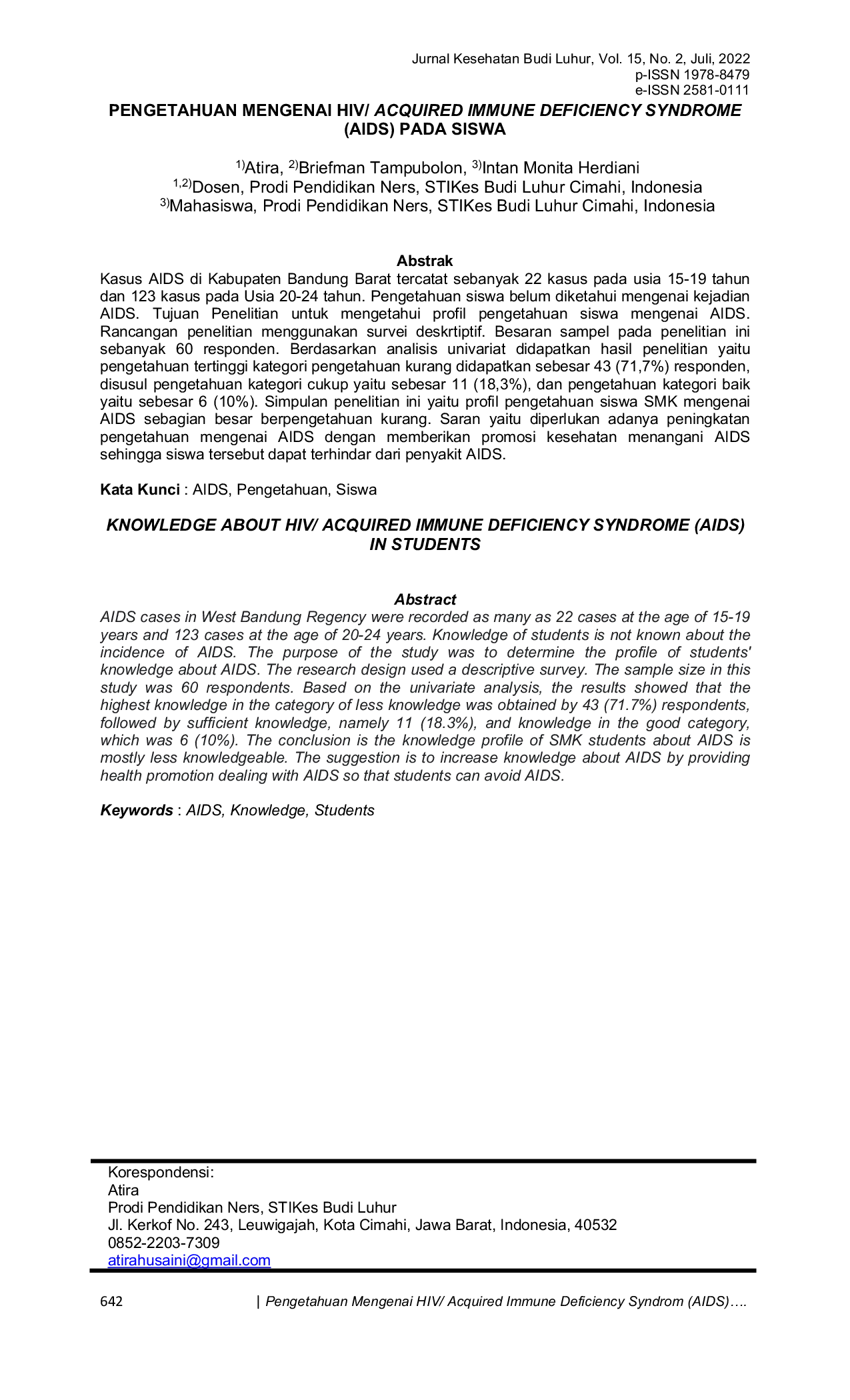 JURIS Pengetahuan Mengenai HIV Acquired Immune Deficiency Syndrome AIDS Pada Siswa