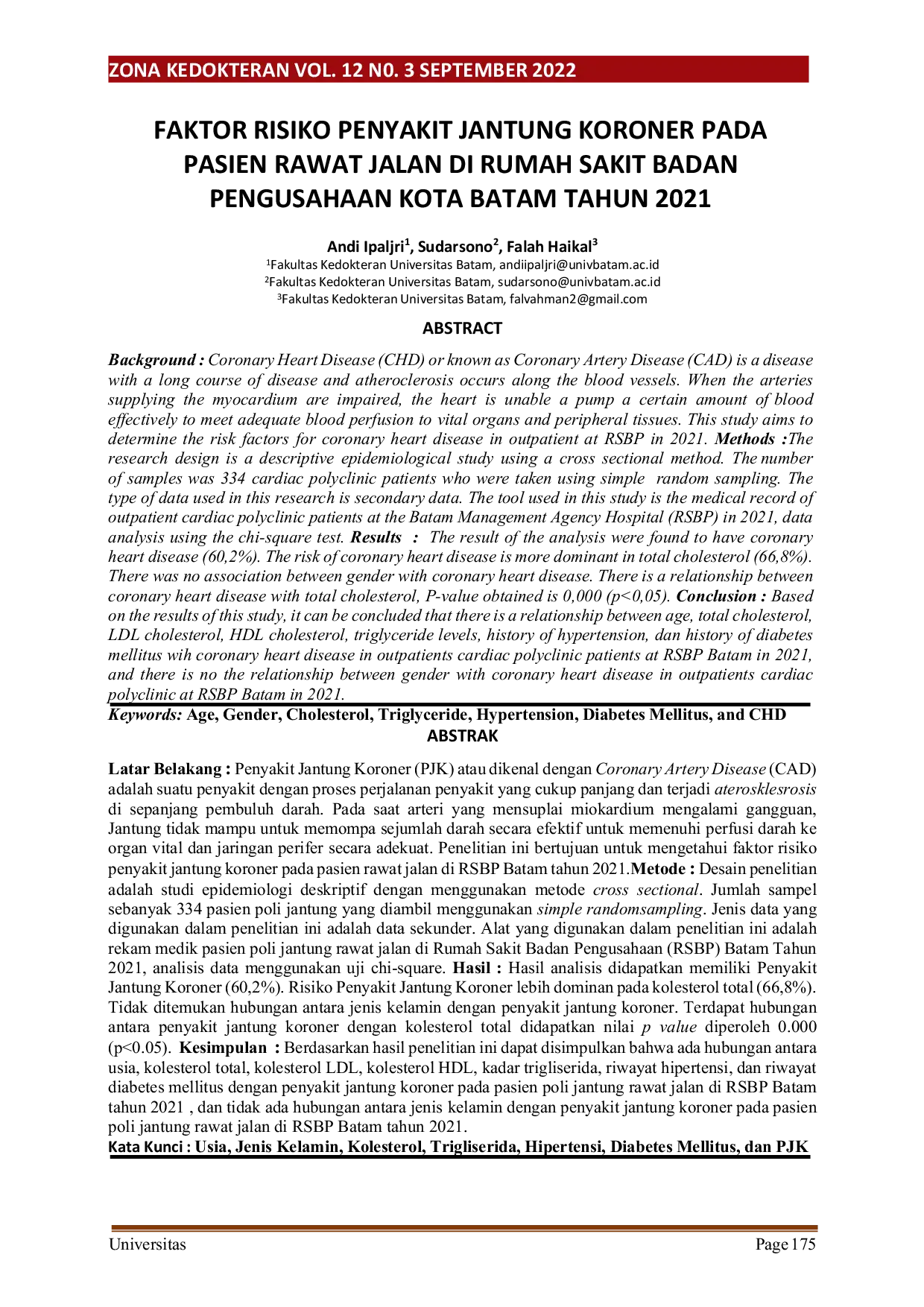 JURIS Faktor Risiko Penyakit Jantung Koroner pada Pasien Rawat Jalan di Rumah Sakit Badan Pengusahaan Kota Batam Tahun 2021