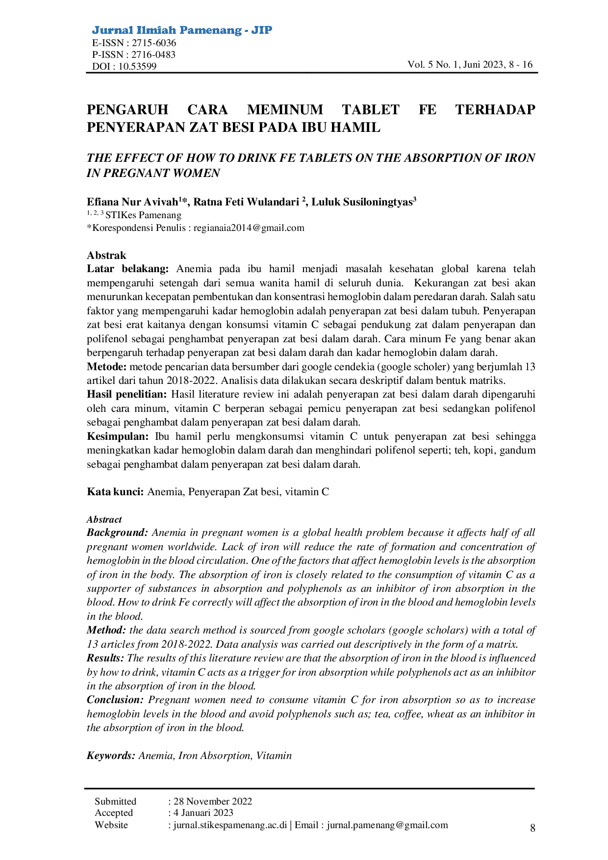 JURIS Pengaruh Cara Meminum Tablet Fe Terhadap Penyerapan Zat Besi Pada Ibu Hamil