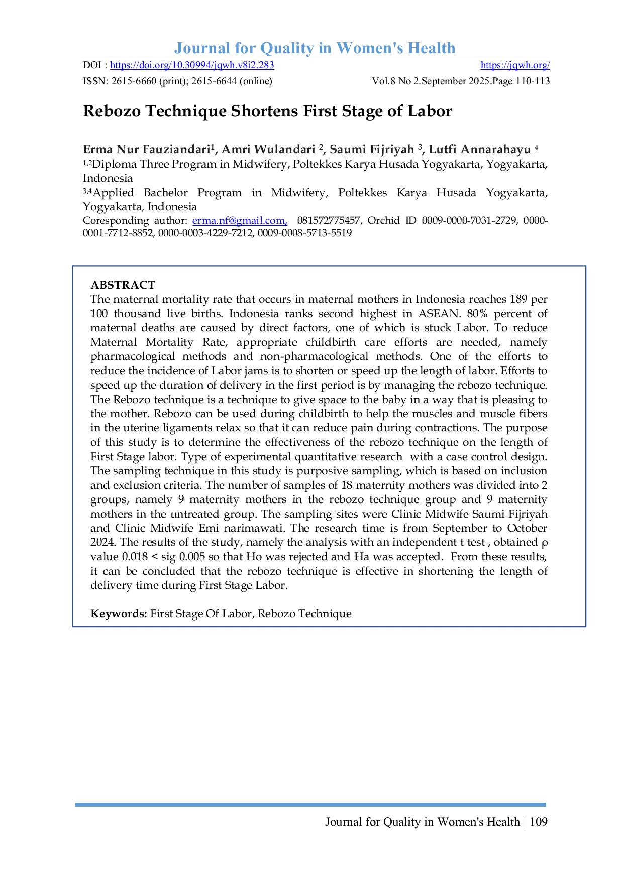 JURIS Rebozo Technique Shortens First Stage of Labor