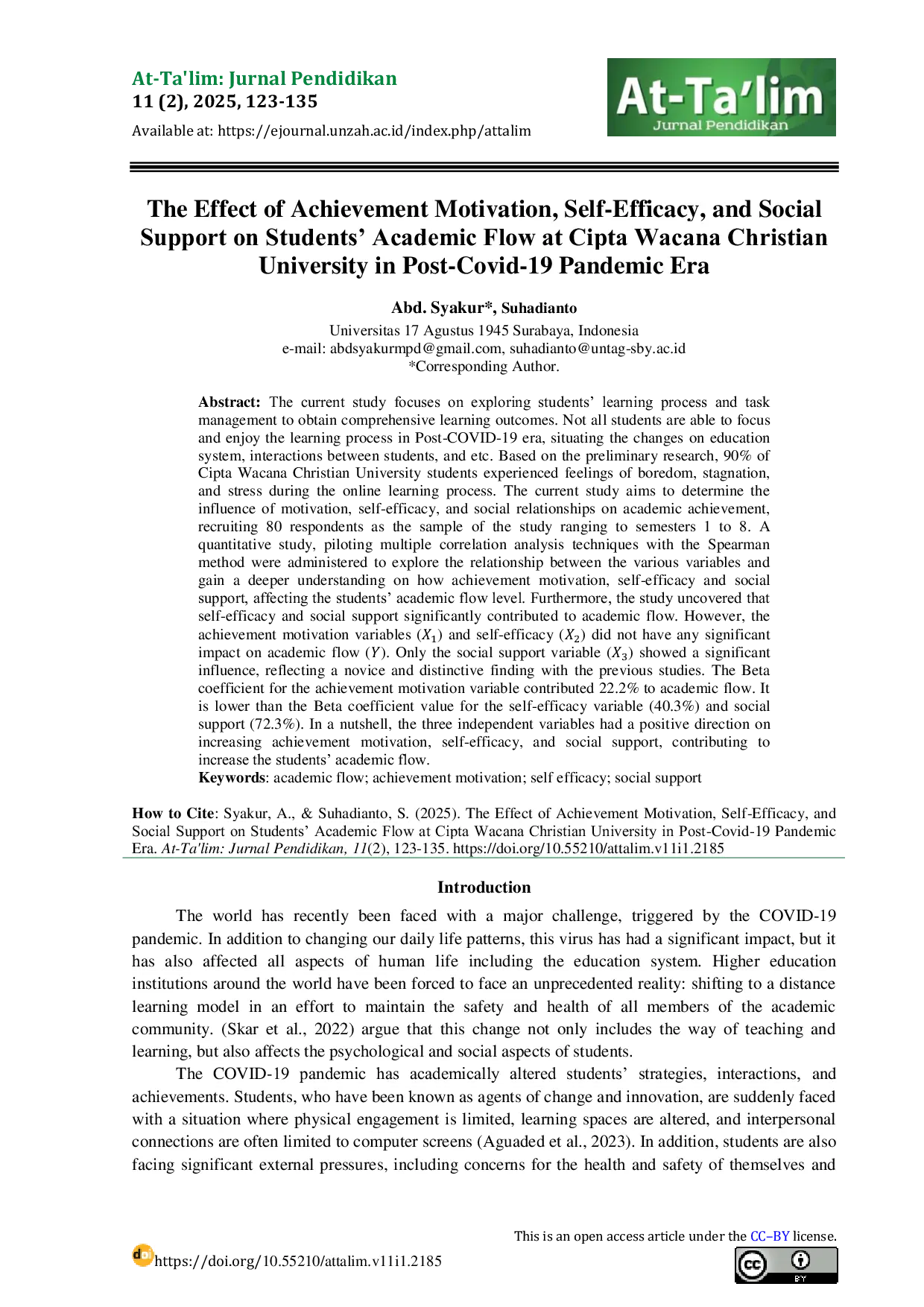 JURIS The Effect of Achievement Motivation Self Efficacy and Social Support on Students Academic Flow at Cipta Wacana Christian University in Post Covid 19 Pandemic Era