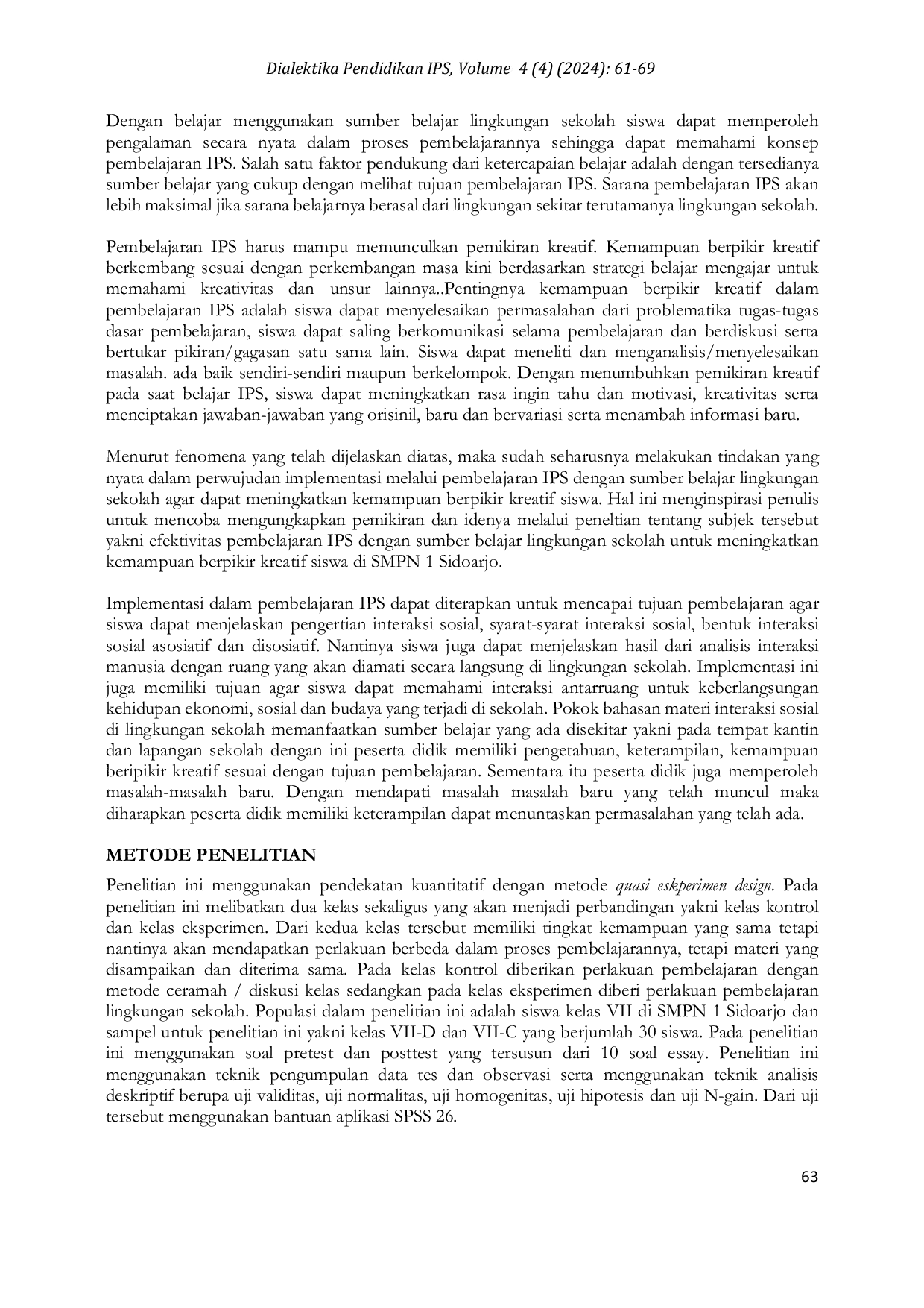 JURIS Efektivitas Pembelajaran IPS Dengan Sumber Belajar Lingkungan Sekolah Untuk Meningkatkan Kemampuan Berpikir Kreatif Siswa