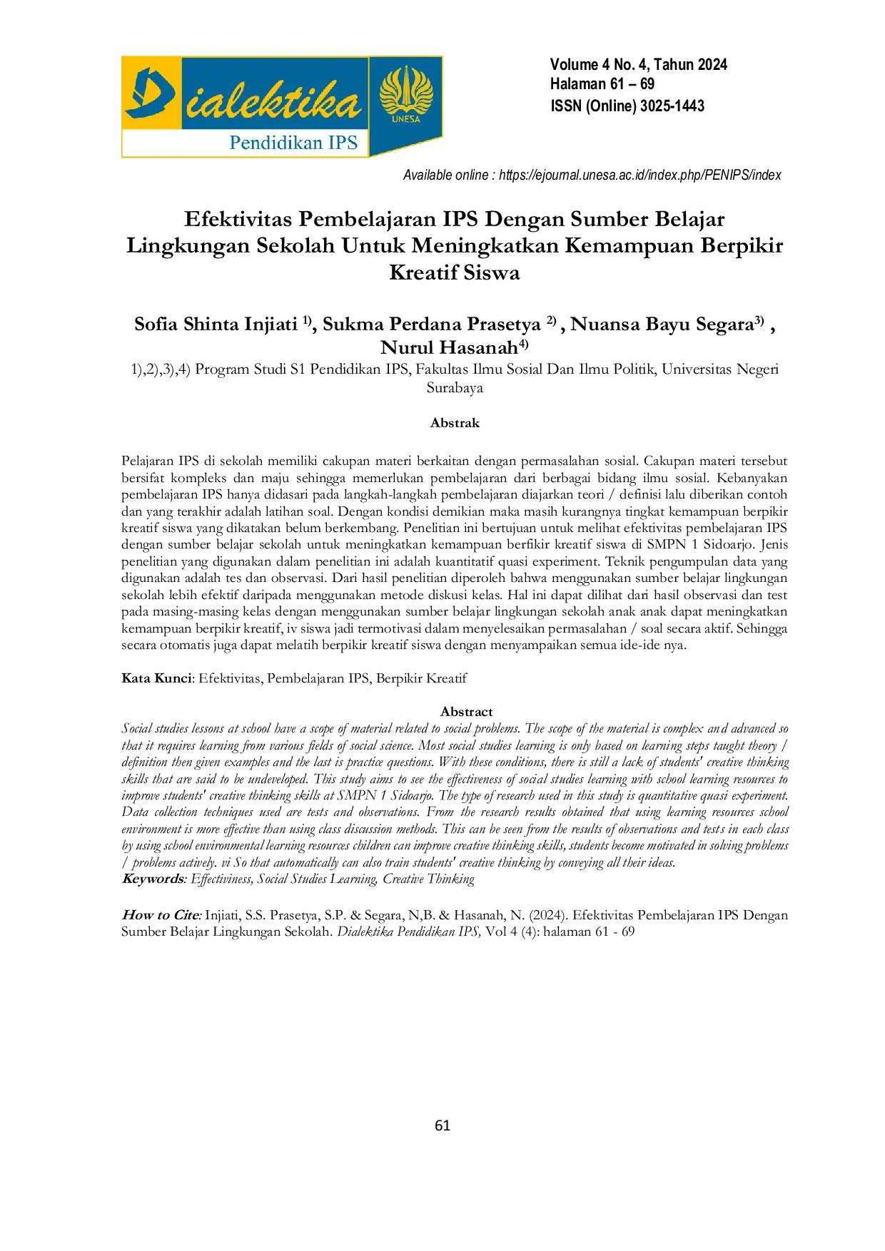 JURIS Efektivitas Pembelajaran IPS Dengan Sumber Belajar Lingkungan Sekolah Untuk Meningkatkan Kemampuan Berpikir Kreatif Siswa