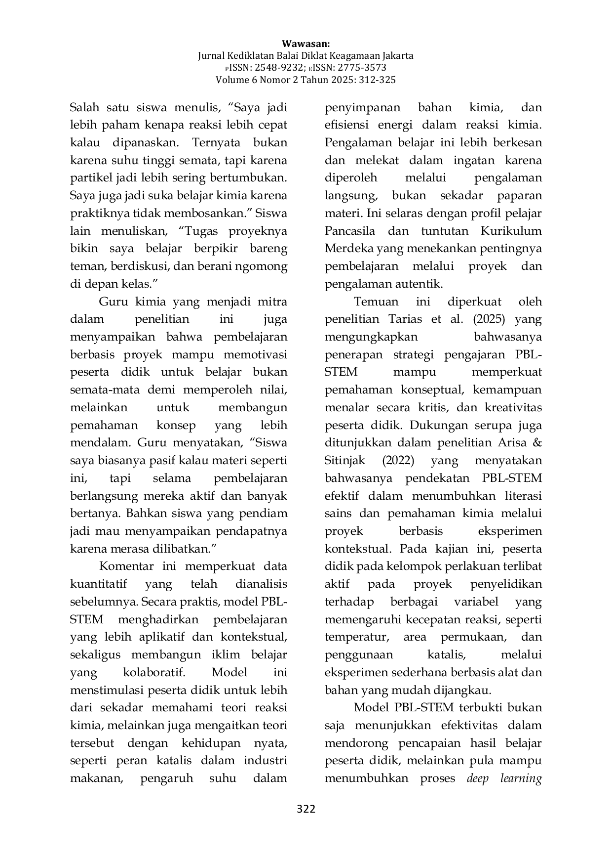 JURIS Efektivitas Model PBL STEM dalam Mendorong Deep Learning pada Materi Laju Reaksi