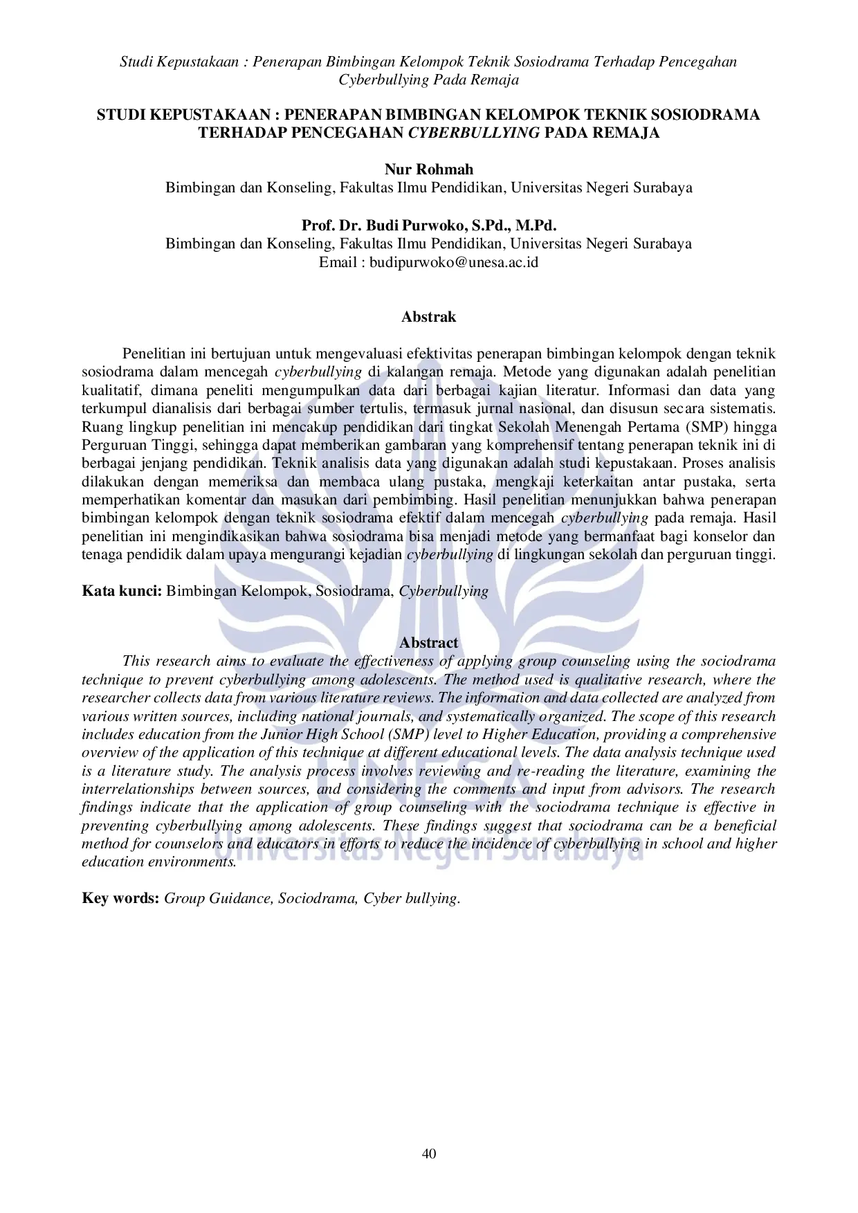 JURIS Studi Kepustakaan Penerapan Bimbingan Kelompok Teknik Sosiodrama Terhadap Pencegahan Cyberbullying Pada Remaja