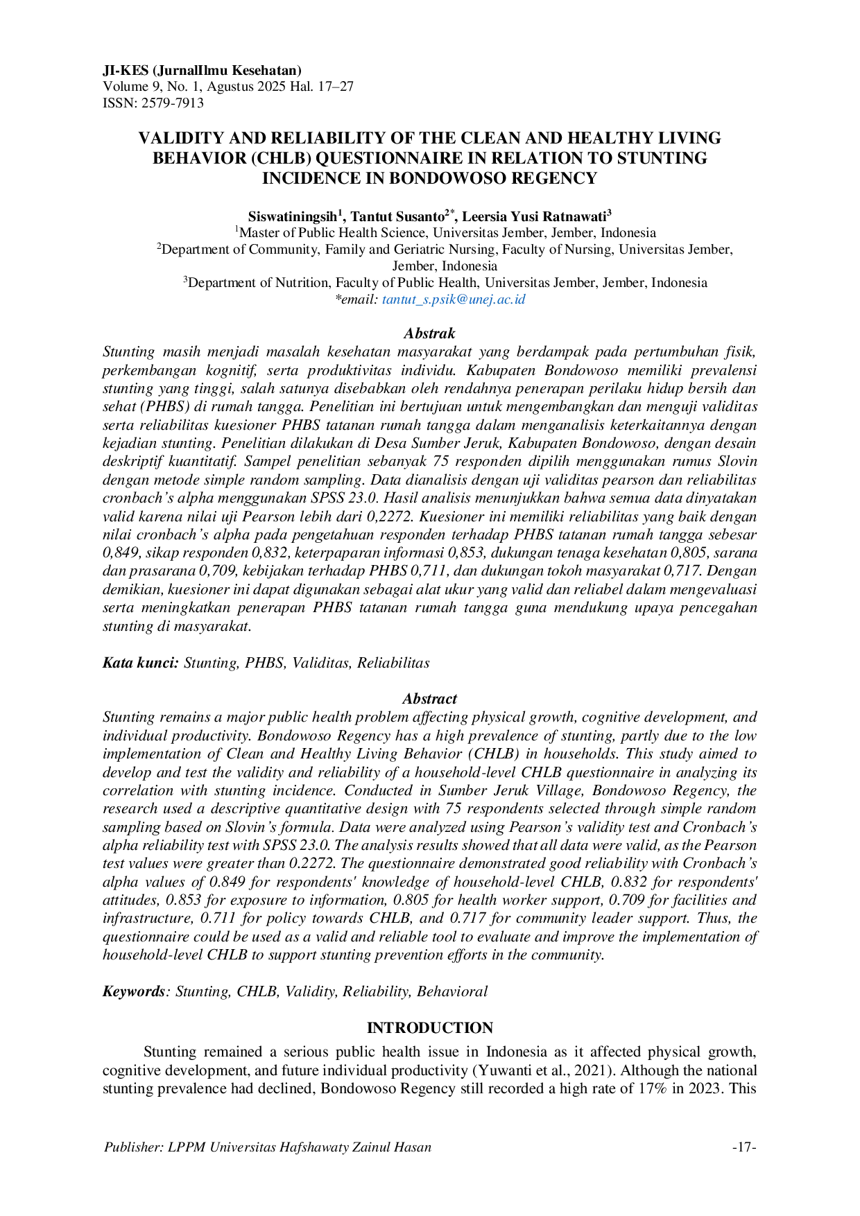 JURIS Validity and Reliability of the Clean and Healthy Living Behavior CHLB Questionnaire in Relation to Stunting Incidence in Bondowoso Regency