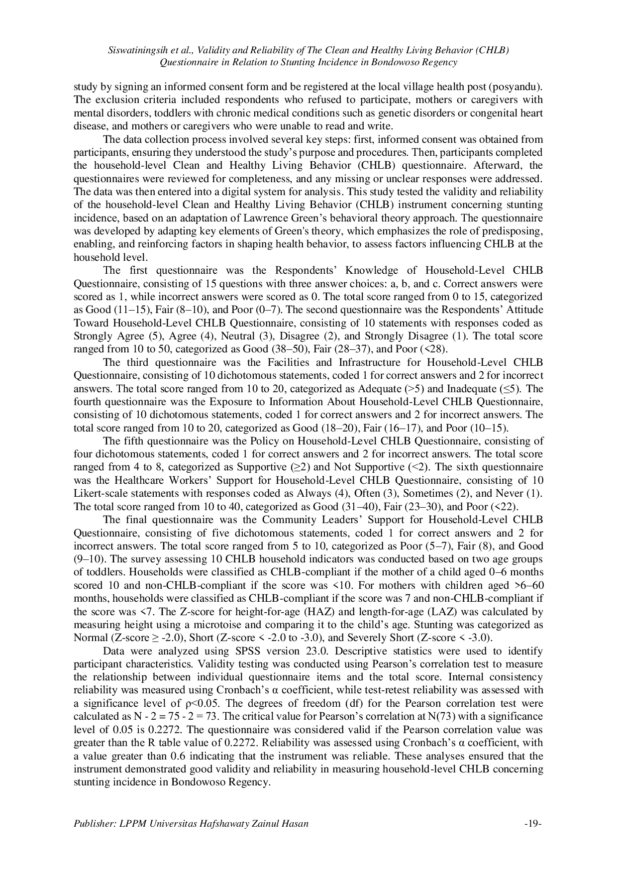 JURIS Validity and Reliability of the Clean and Healthy Living Behavior CHLB Questionnaire in Relation to Stunting Incidence in Bondowoso Regency
