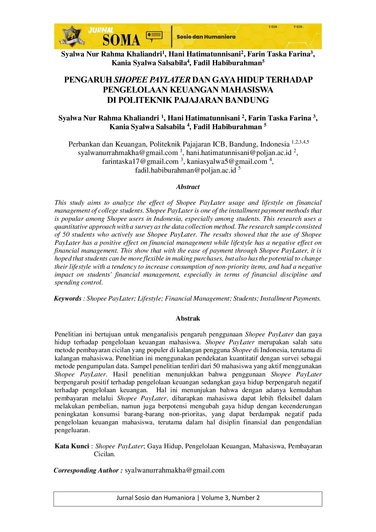 JURIS Pengaruh Shopee Paylater Dan Gaya Hidup Terhadap Pengelolaan Keuangan Mahasiswa Di Politeknik Pajajaran Bandung