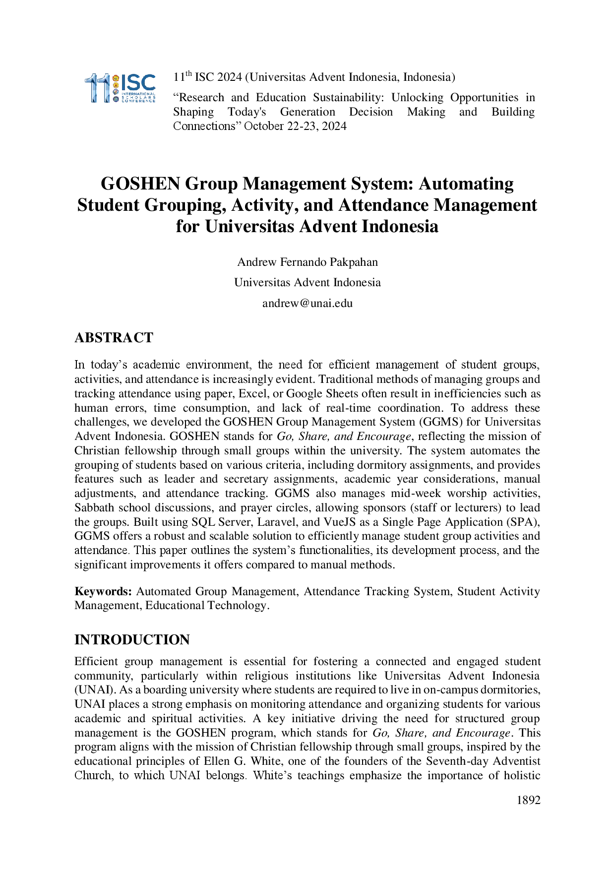 juris GOSHEN Group Management System Automating Student Grouping Activity and Attendance Management for Universitas Advent Indonesia