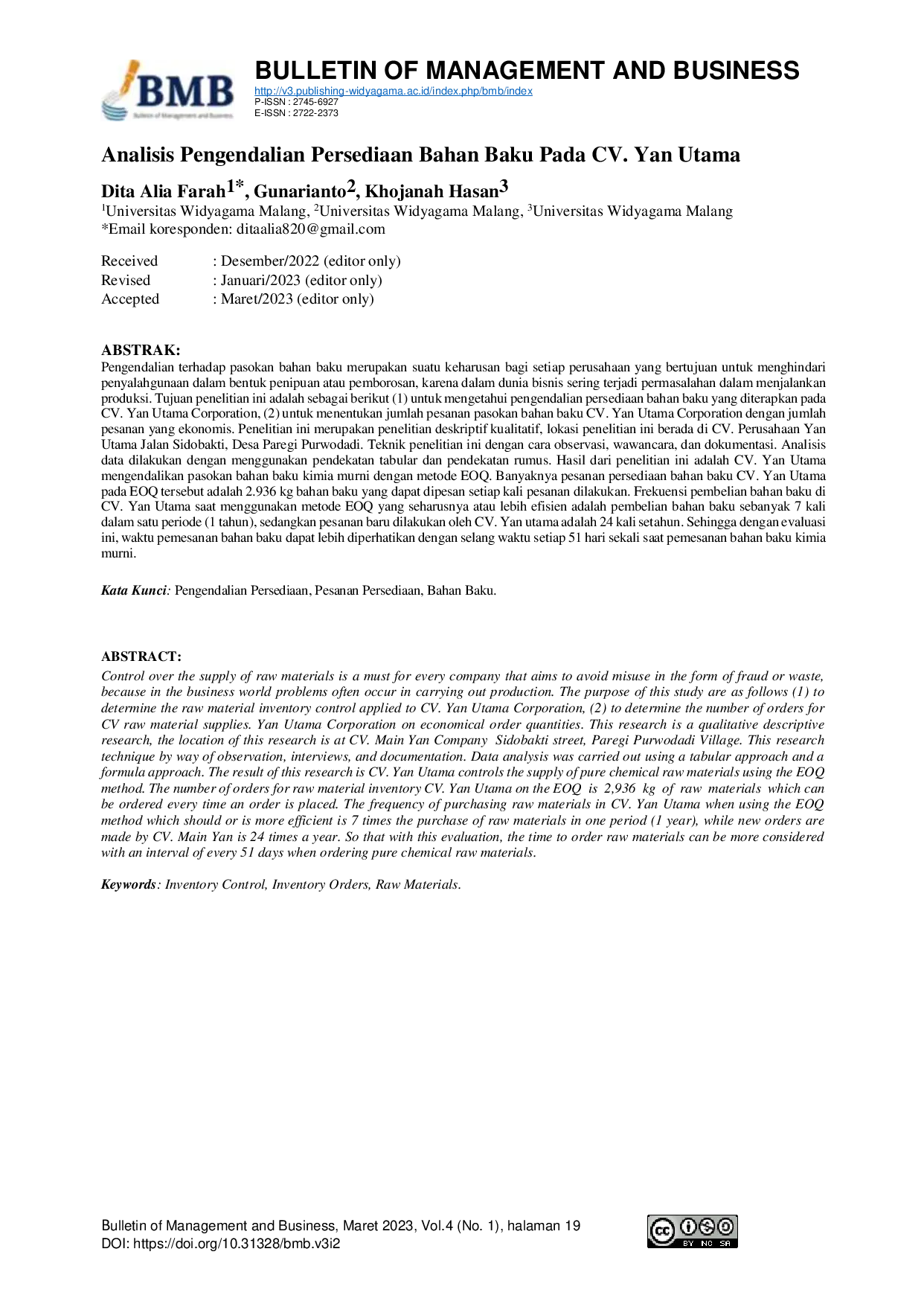 JURIS Analisis Pengendalian Persediaan Bahan Baku Pada CV Yan Utama