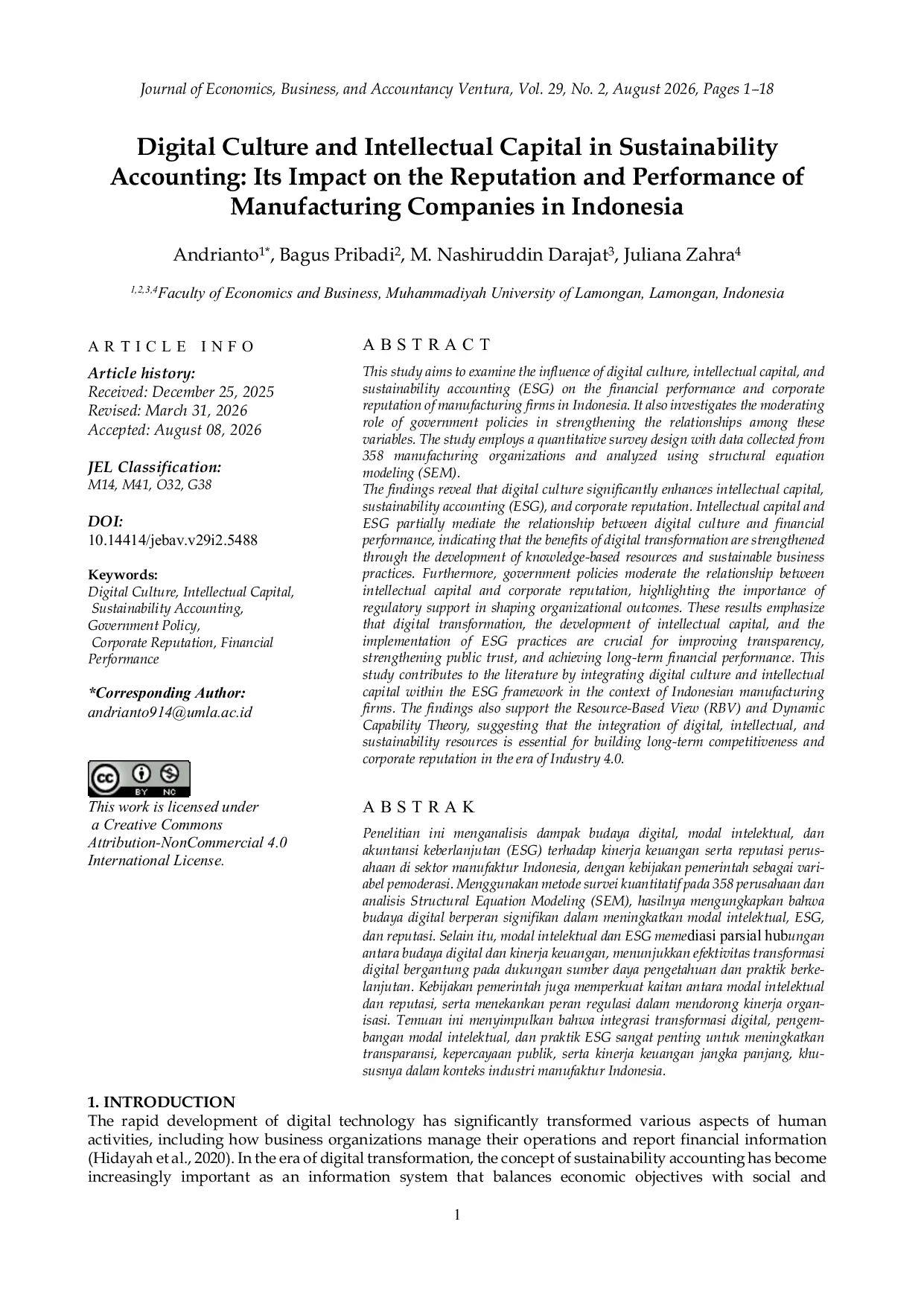 JURIS Digital Culture and Intellectual Capital in Sustainability Accounting Its Impact on the Reputation and Performance of Manufacturing Companies in Indonesia