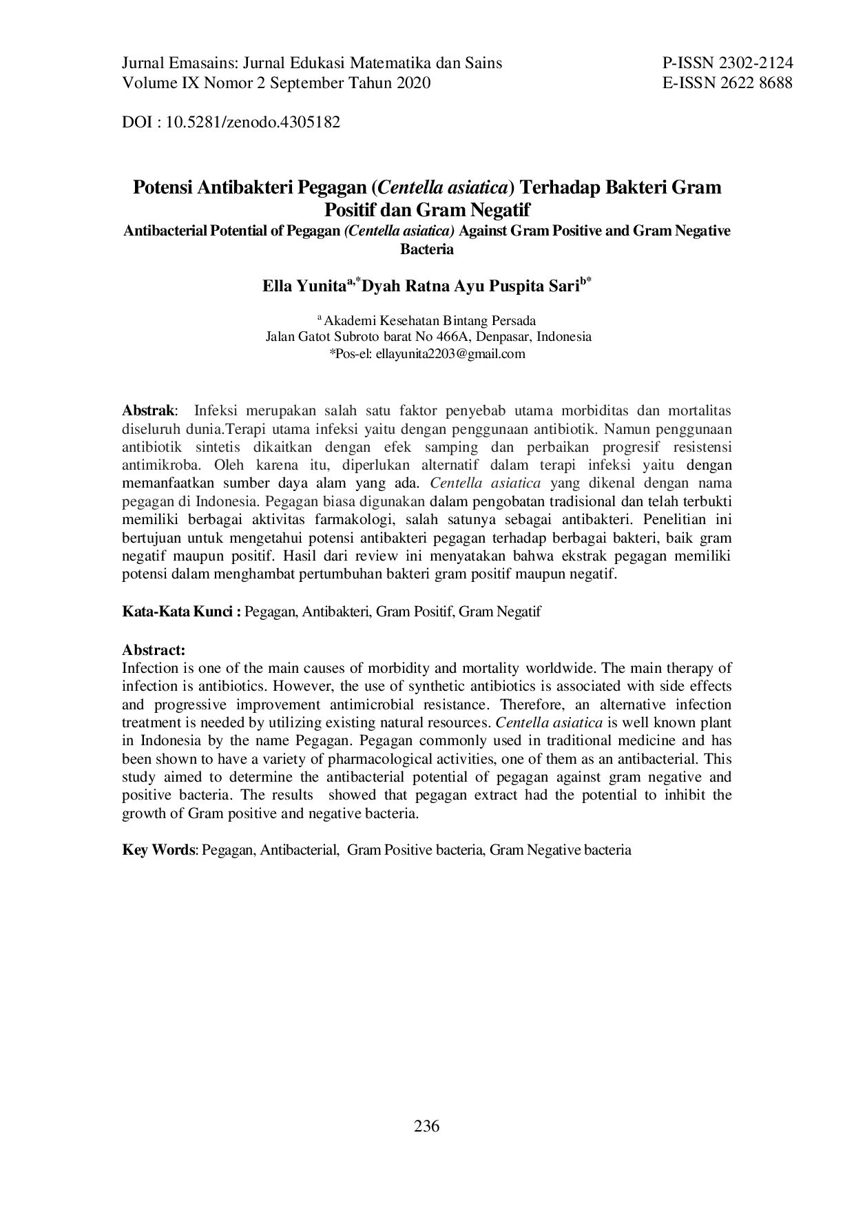 JURIS Potensi Antibakteri Pegagan Centella asiatica Terhadap Bakteri Gram Positif dan Gram Negatif