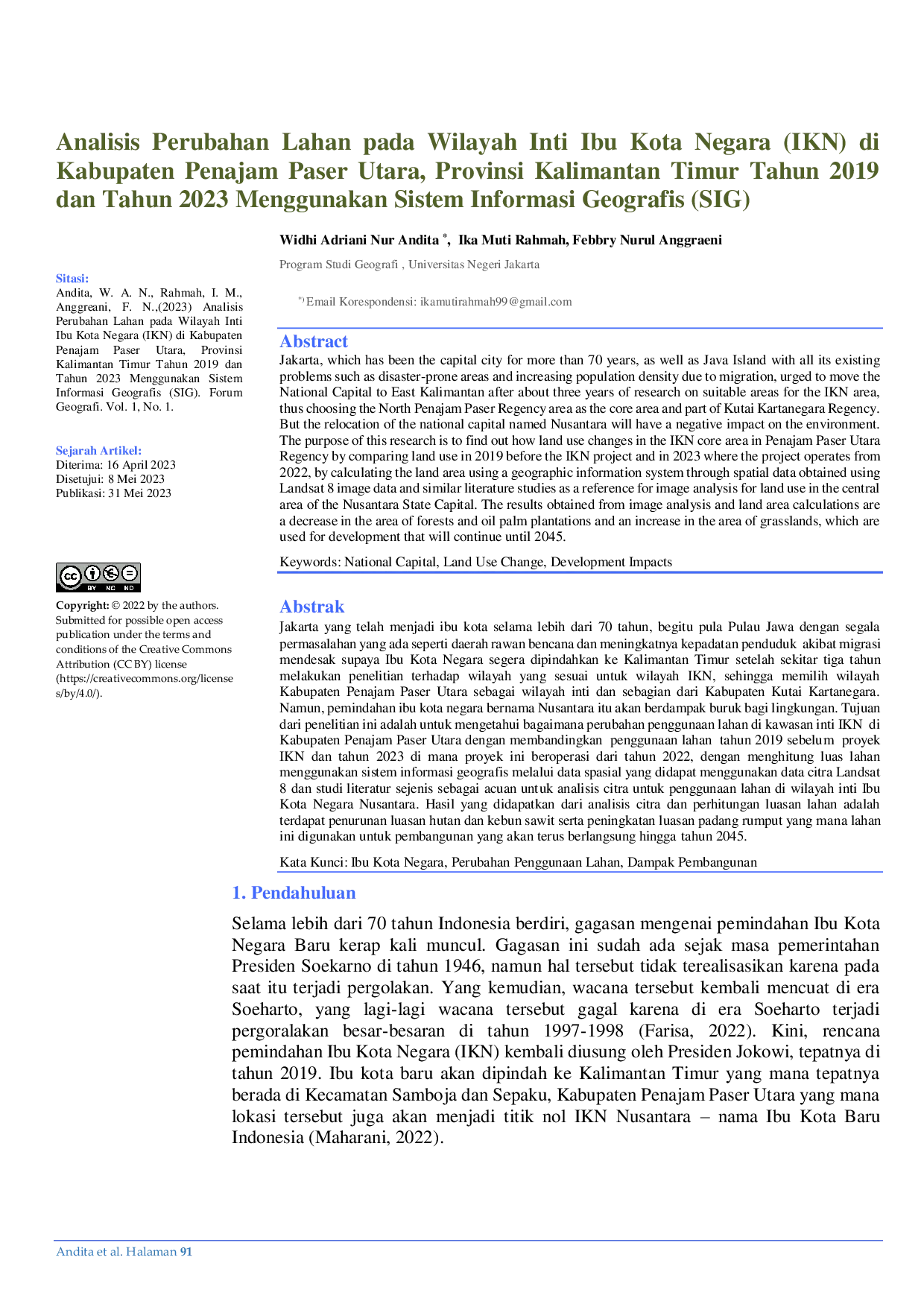 JURIS Analisis Perubahan Lahan Pada Wilayah Inti Ibu Kota Negara IKN Di Kabupaten Penajam Paser Utara Provinsi Kalimantan Timur Tahun 2019 Dan Tahun 2023 Menggunakan Sistem Informasi Geografis SIG