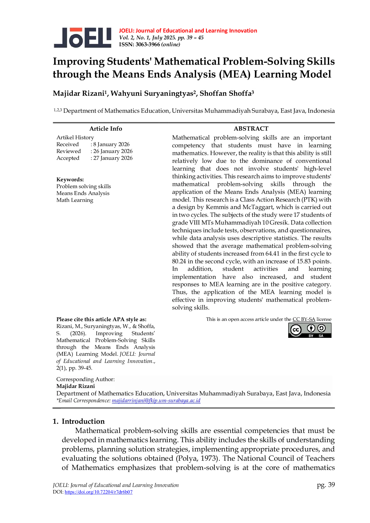 JURIS Improving Students Mathematical Problem Solving Skills through the Means Ends Analysis MEA Learning Model